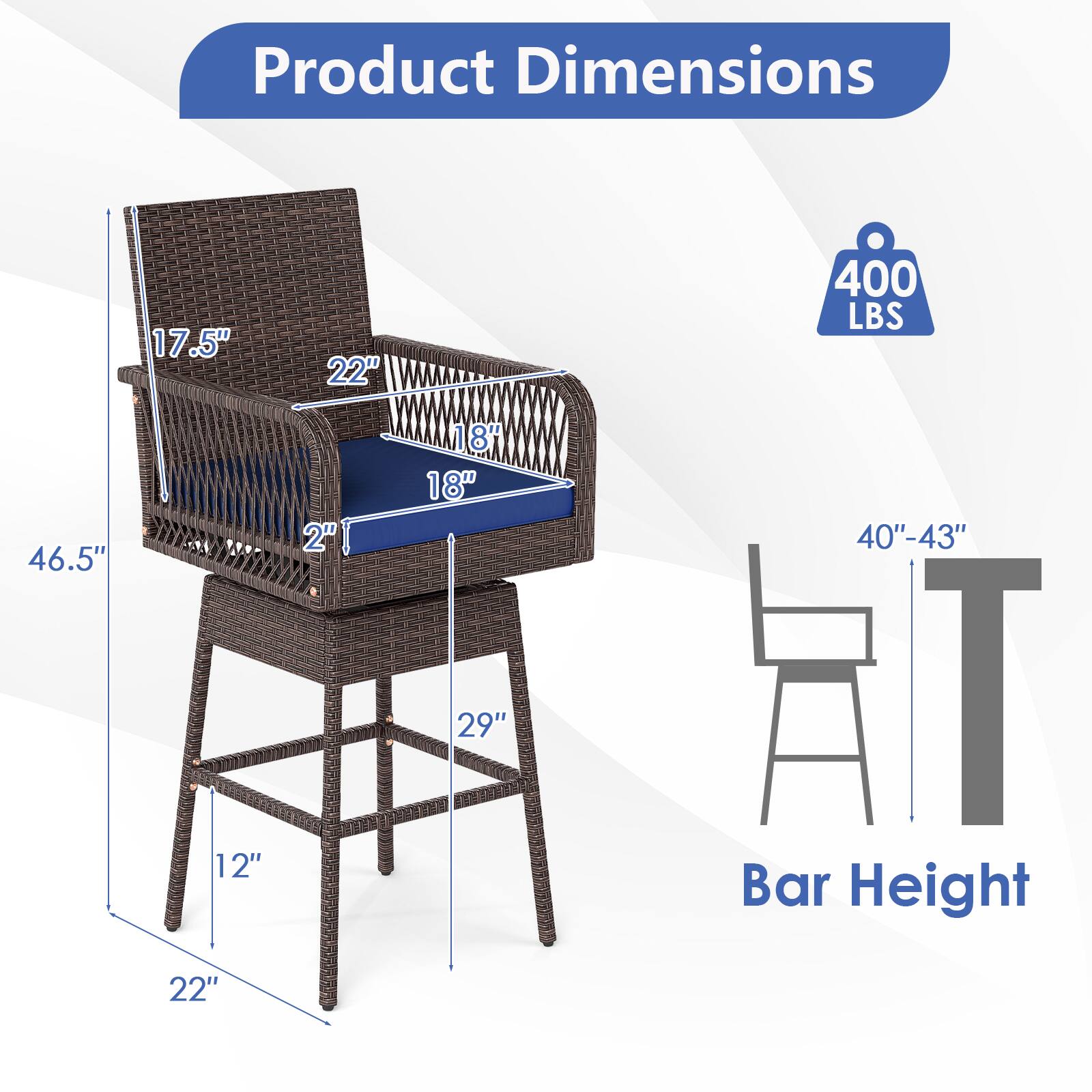 Product Dimensions

46.5"  
17.5" 12" 22"  
22" 2  
18" 18" 29"  
400 LBS 40"-43" TE Bar Height