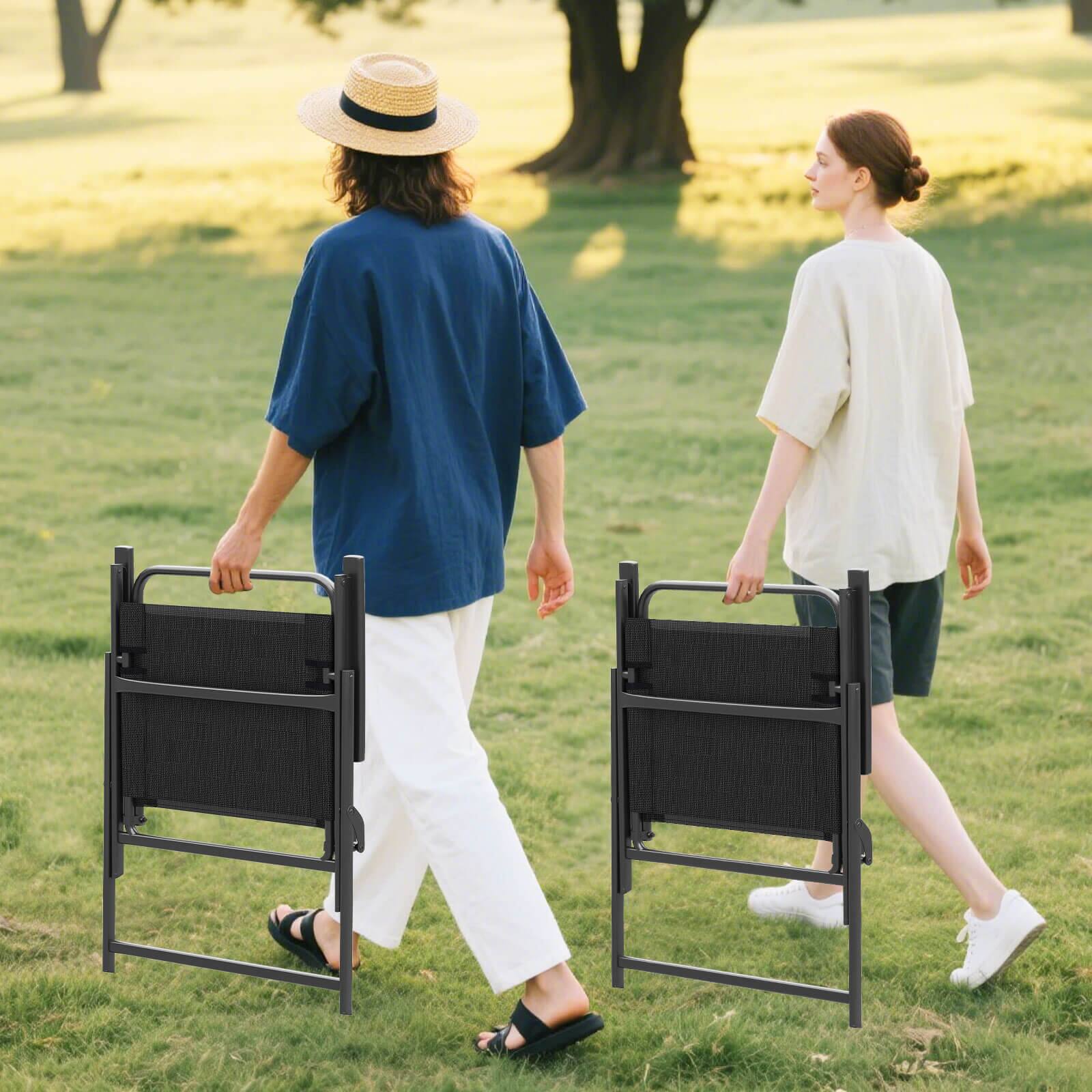 Alt View 3. Costway - Costway 2pcs Patio Folding Chairs Heavy-Duty Metal Frame Armrests Portable Outdoor - Black.