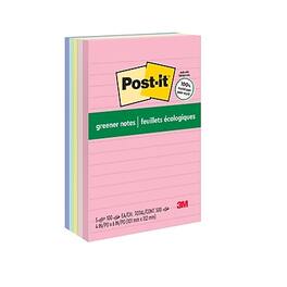 Post-it - Greener Recycled Notes, 4" x 6", Sweet Sprinkles Collection, Lined, 100 Sheet/Pad, 5 Pads/Pack - Positively Pink/Canary Yellow/Fresh Mint/Moonstone