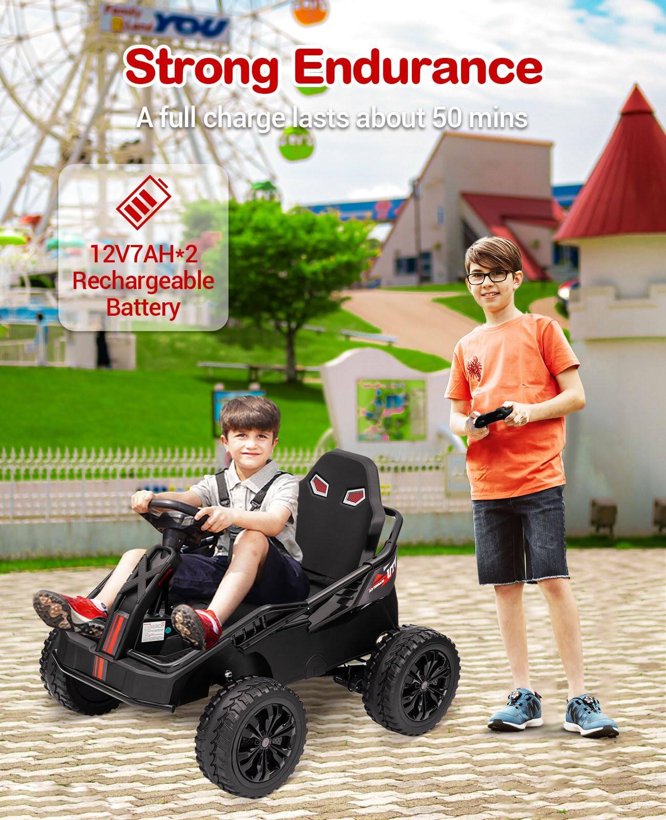 Strong Endurance  
A full charge lasts about 50 mins  

12V7AH*2 Rechargeable Battery