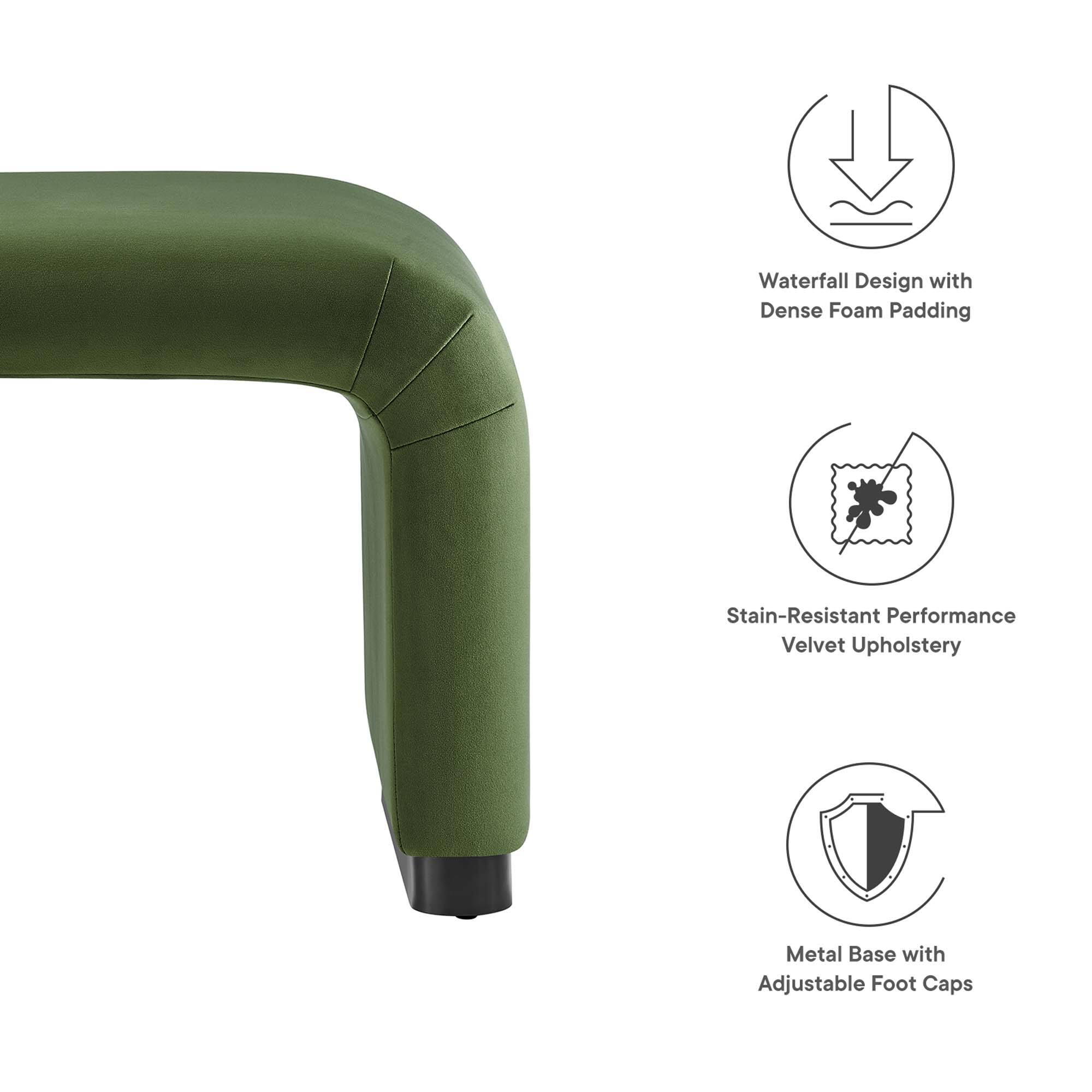 Waterfall Design with Dense Foam Padding  
Stain-Resistant Performance Velvet Upholstery  
Metal Base with Adjustable Foot Caps