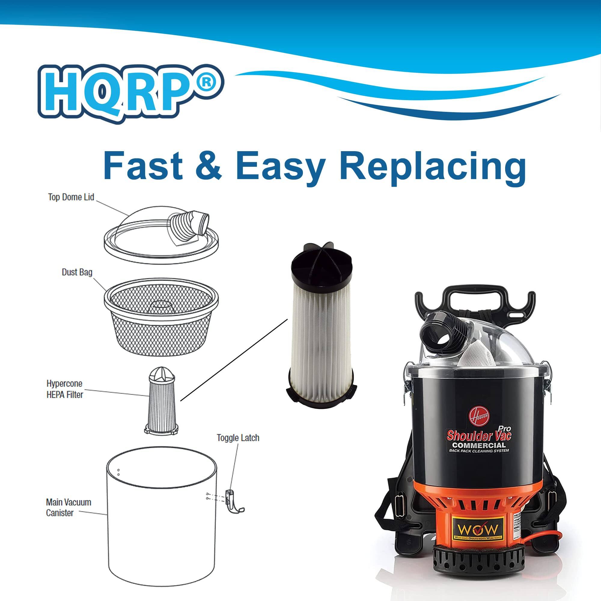 HQRP® Fast & Easy Replacing

Top Dome Lid  
Dust Bag  
Hypercone HEPA Filter  
Toggle Latch  
Main Vacuum Canister  

Shoulder Vac Pro  
COMMERCIAL  
BACK PACK CLEANING SYSTEM  

WOW