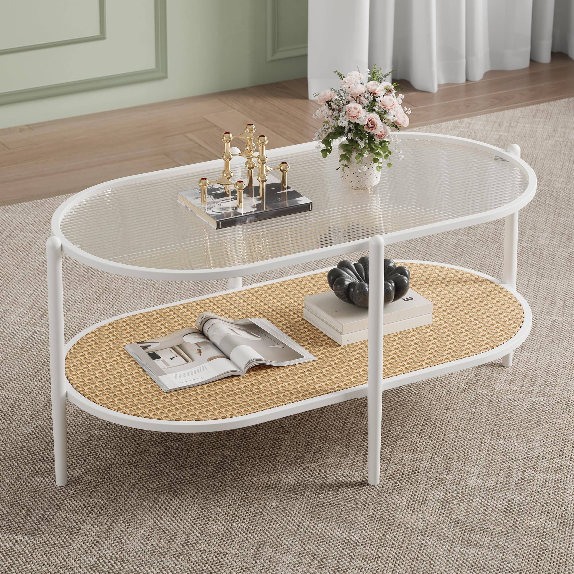 Front. Acekool - 37" Oval Coffee Table - 2 Tier Rattan End Table with Storage Shelves, Modern Circular End Table with Water - White.