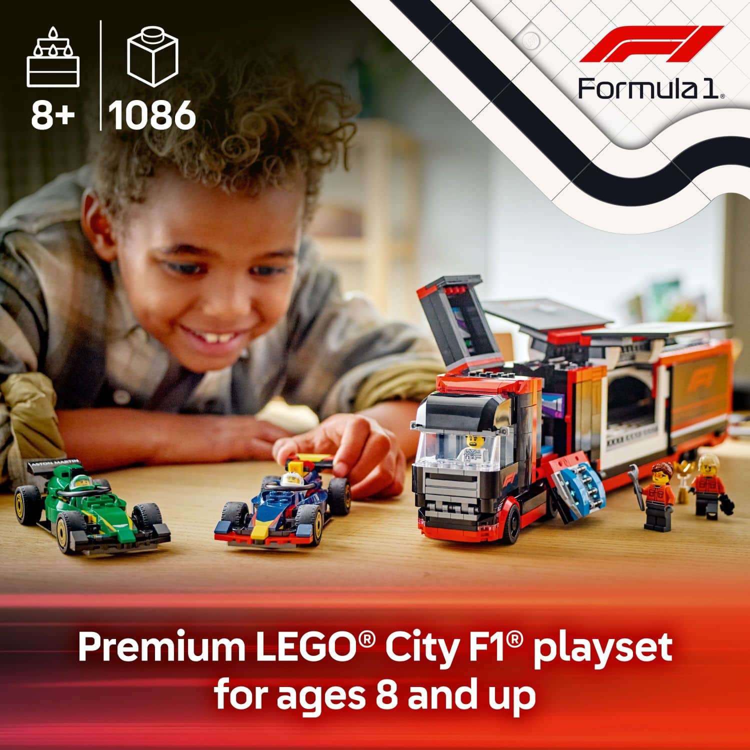 Premium LEGO City F1 playset for ages 8 and up.