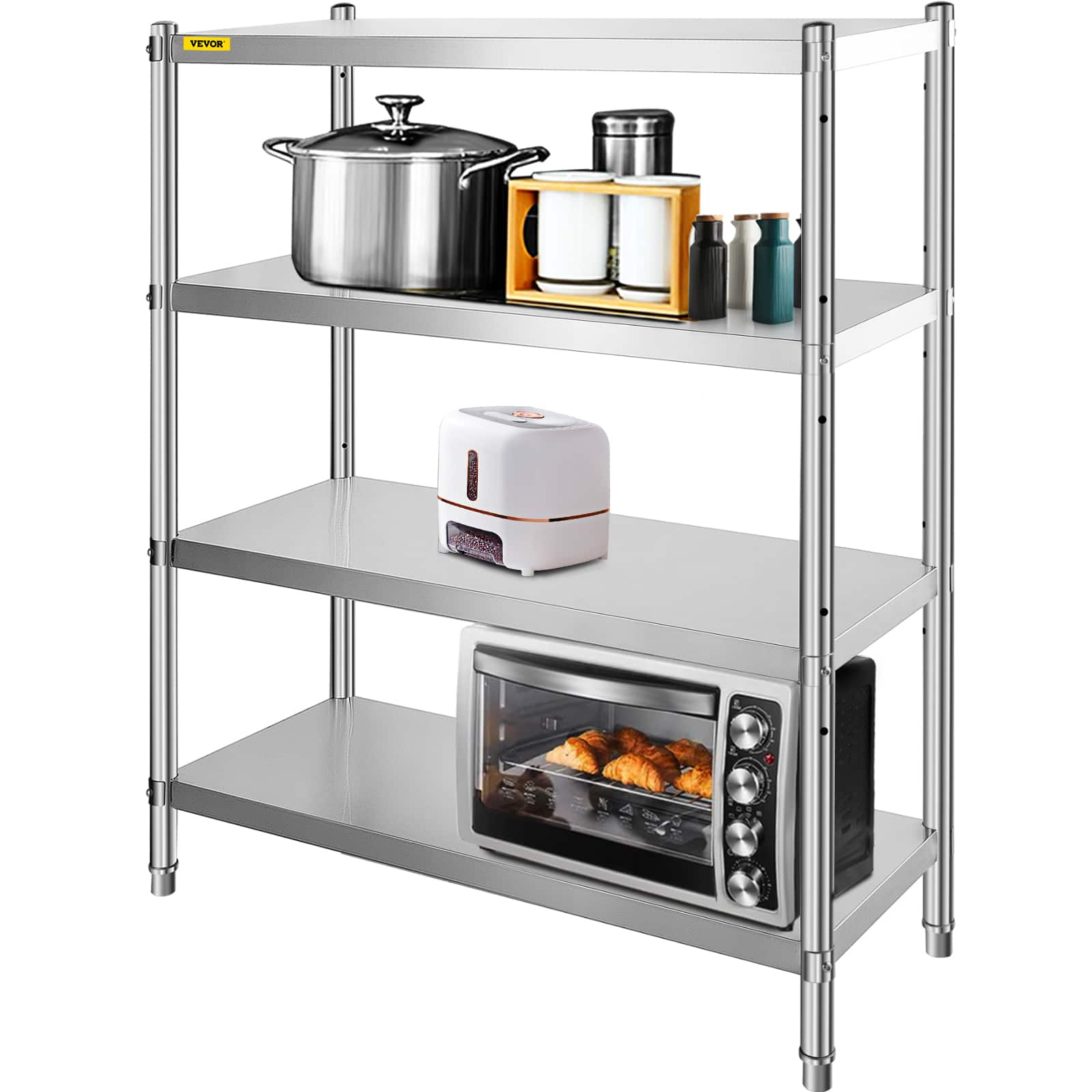 VEVOR - Stainless Steel Shelving 46.8x18.5 Inch 4 Tier Adjustable Shelf Storage Unit Stainless Steel Heavy Duty Shelving - Silver