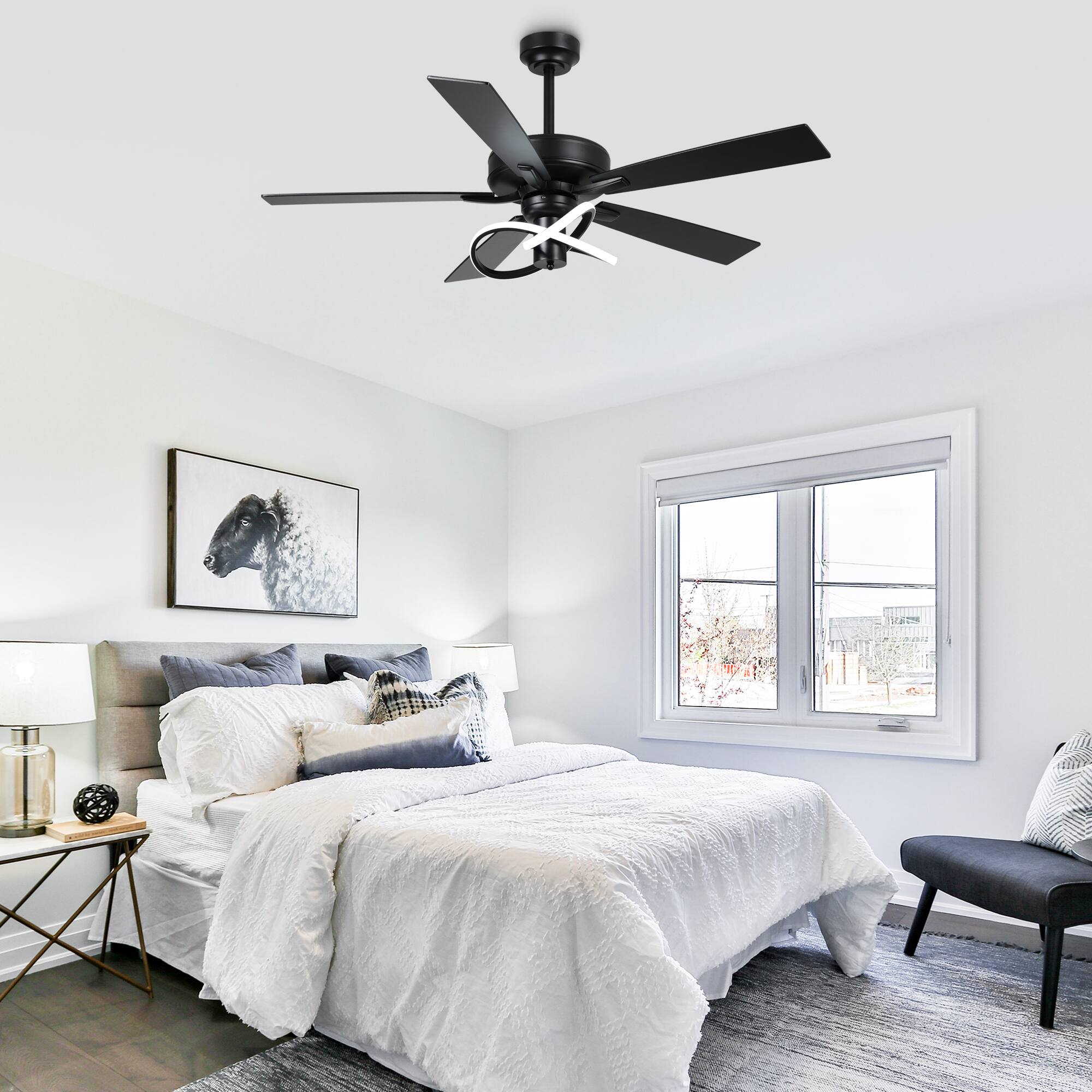 Angle. Parrot Uncle - 52-Inch Modern Black Integrated LED Ceiling Fan with Light and Remote Control - Black.