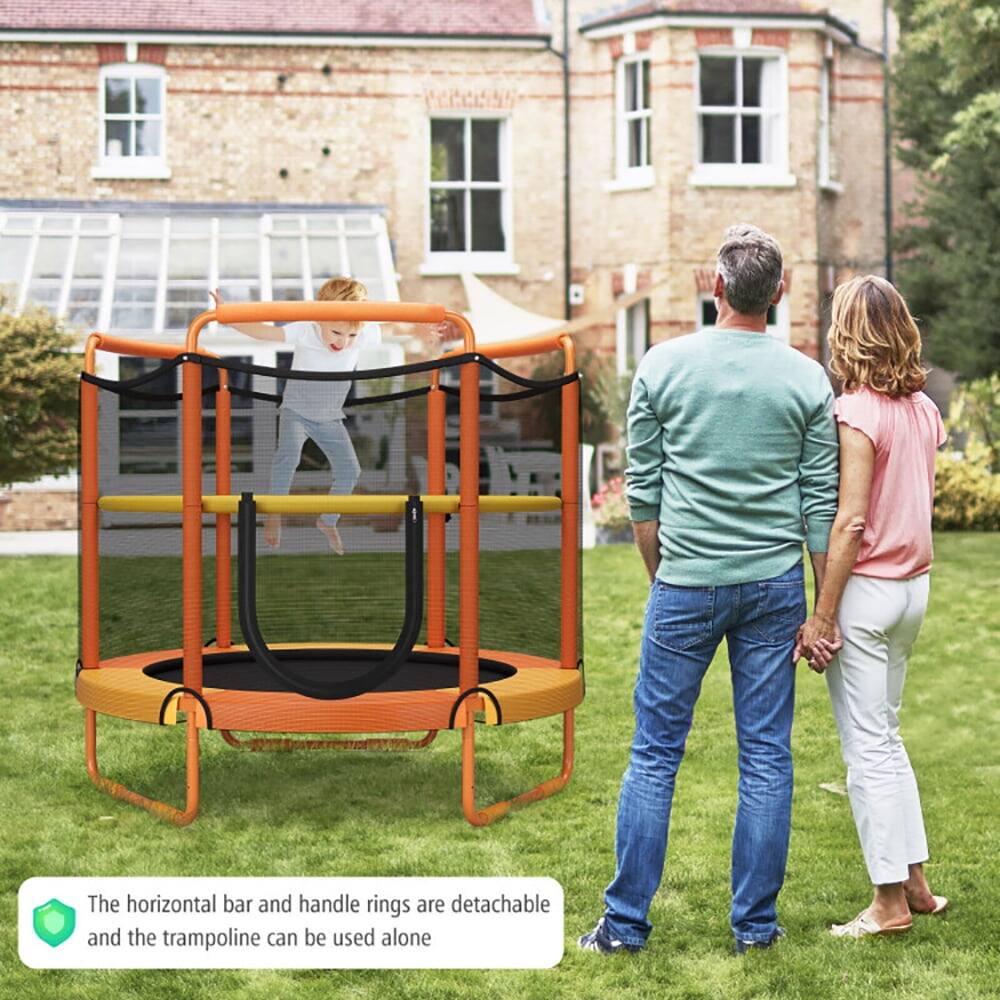 The horizontal bar and handle rings are detachable and the trampoline can be used alone