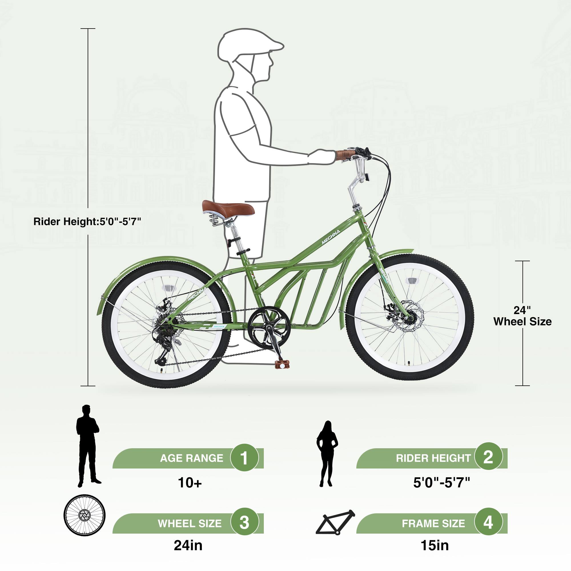 Rider Height: 5'0" - 5'7"  
Wheel Size: 24"  
Age Range: 10+  
Frame Size: 15"