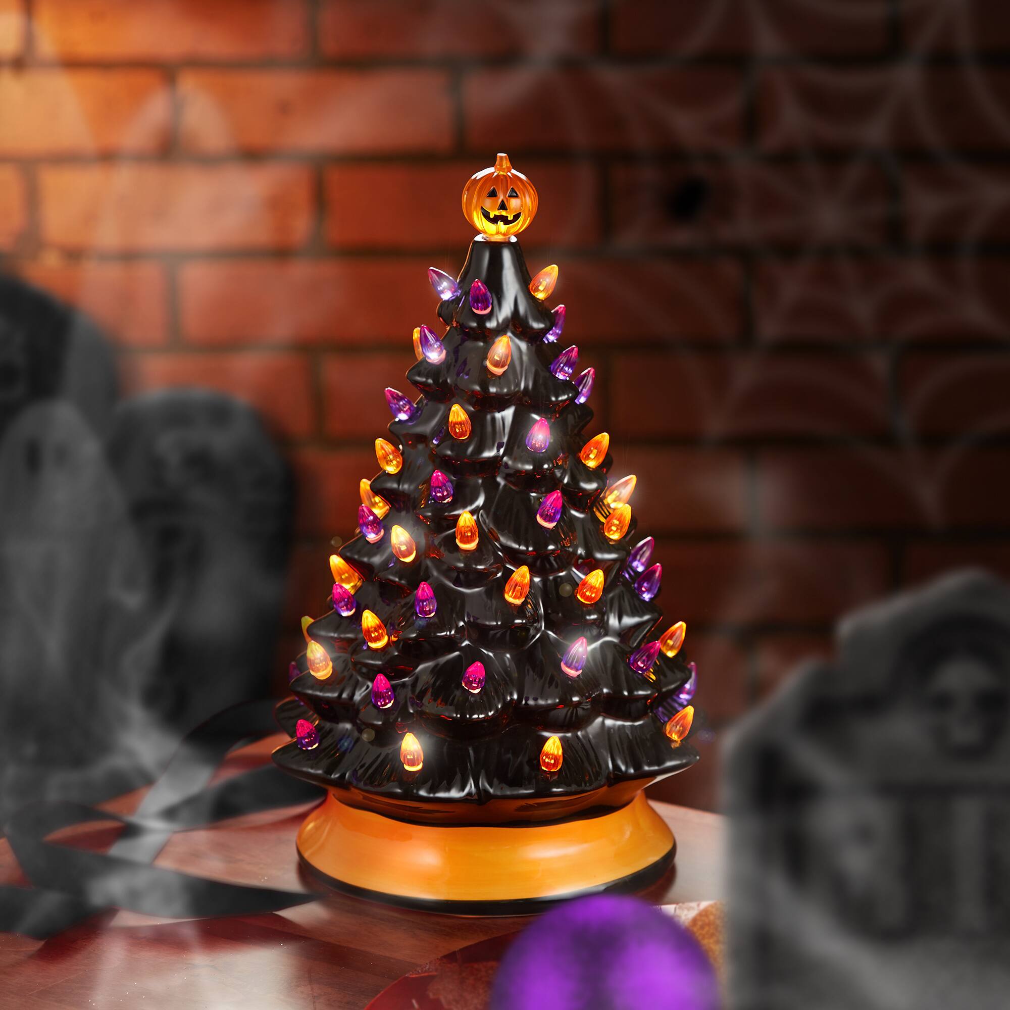 Alt View 6. Casafield - 15-in Hand Painted Ceramic Pre-Lit Halloween Tree w Pumpkin and Star - Black.