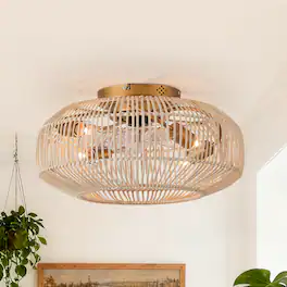Parrot Uncle - 20" Coastal Weave Rattan Flush Mount Caged Ceiling Fan with Remote - Gold
