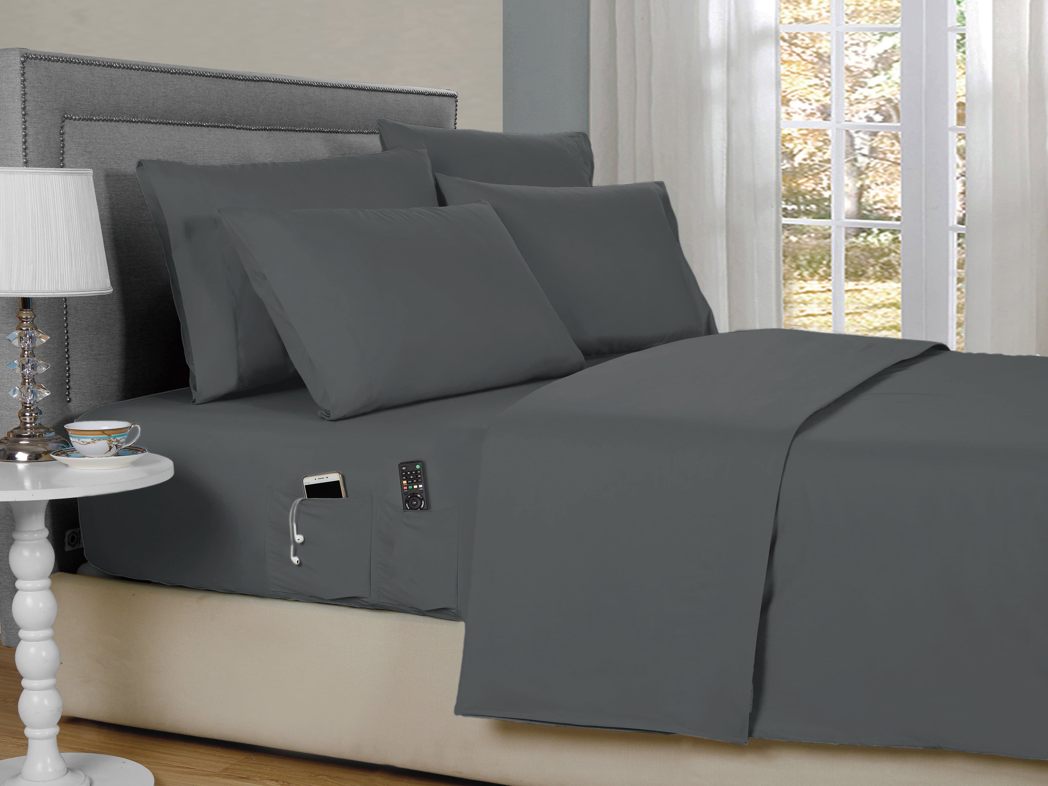 Kathy Ireland - 6-Piece Smart Sheet Sets w/ Side Pocket - Grey