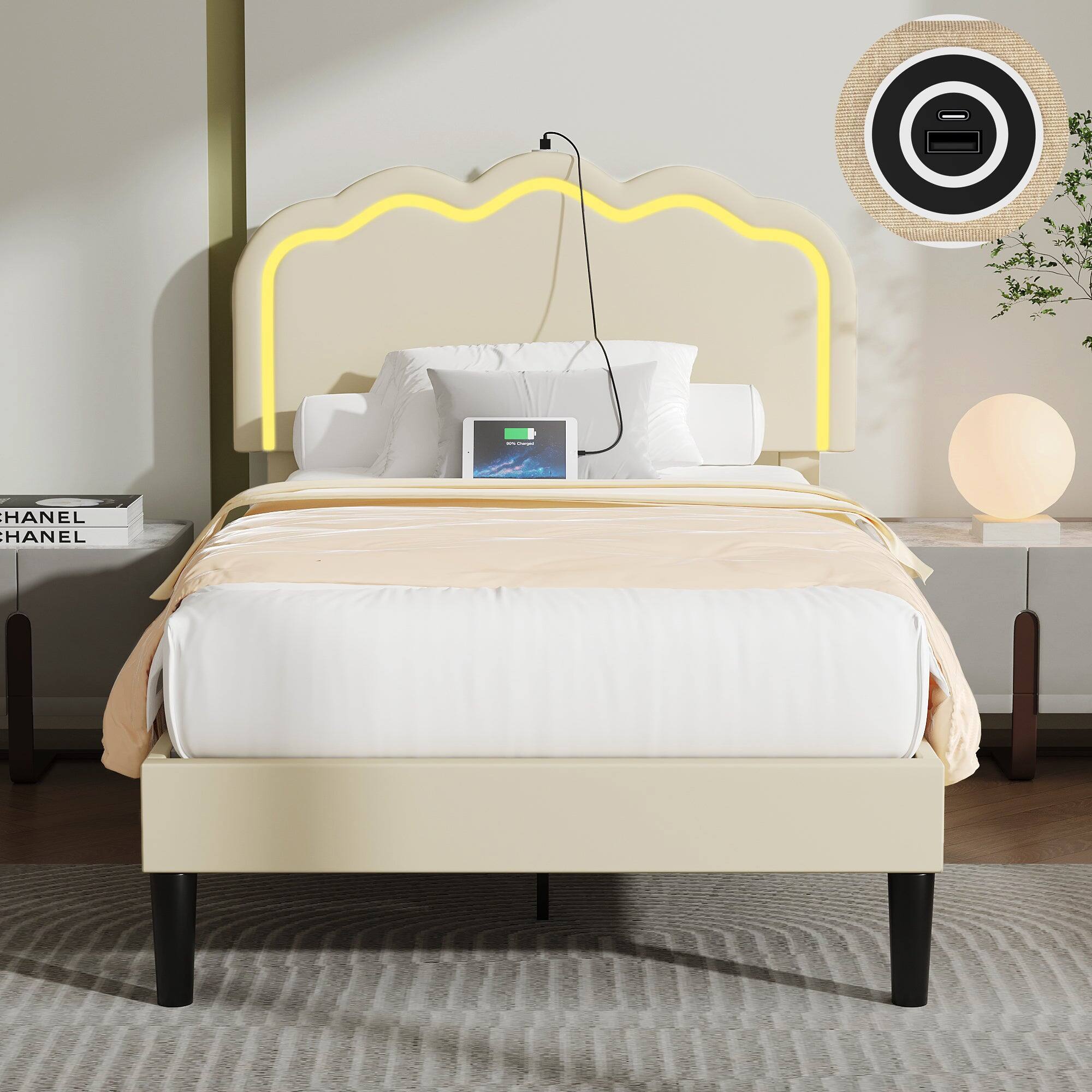 Vecelo - Twin LED Bed Frame with RGB Lighting & Charging Station - 800lb Capacity, Adjustable Headboard, Noise-Free Design - Beige