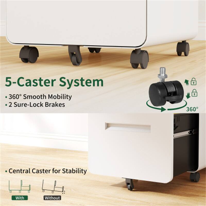 5-Caster System  
- 360° Smooth Mobility  
- 2 Sure-Lock Brakes  
- Central Caster for Stability  
  With  
  Without