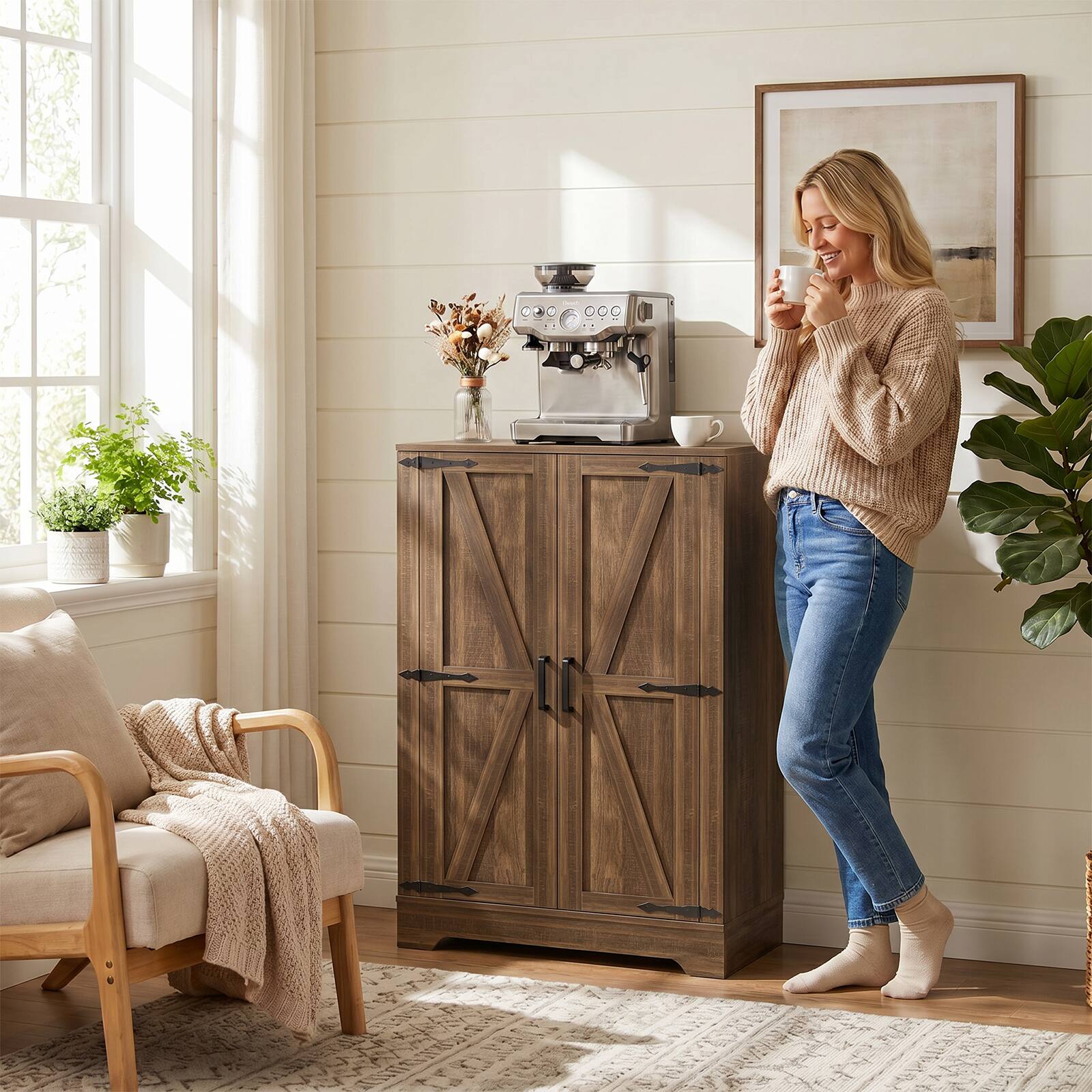 Alt View 4. Aheaplus - 44" Wide Pantry Cabinet Set of 2, 43.4" Tall Farmhouse Storage Cabinet with Adjustable Shelves for Kitchen/Dining - Weathered Brown.