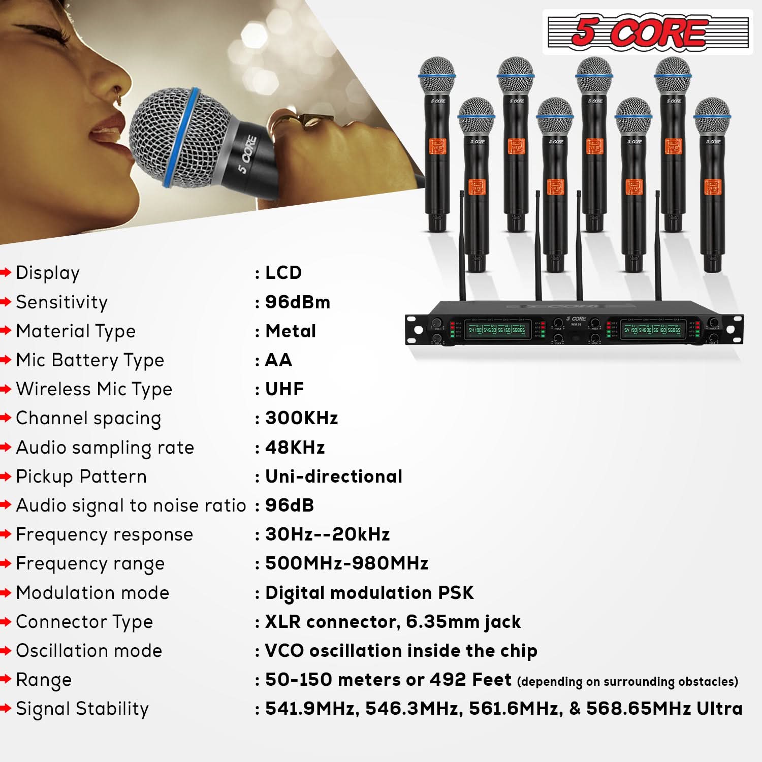 5 CORE Cat Ca - Ca CORE 5 C Ene Gnda Cae

Display : LCD
Sensitivity : 96dBm
Material Type : Metal
Mic Battery Type : AA
Wireless Mic Type : UHF
Channel spacing : 300KHz
Audio sampling rate : 48KHz
Pickup Pattern : Uni-directional
Audio signal to noise ratio : 96dB
Frequency response : 30Hz--20kHz
Frequency range : 500MHz-980MHz
Modulation mode : Digital modulation PSK
Connector Type : XLR connector, 6.35mm jack
Oscillation mode : VCO oscillation inside the chip
Range : 50-150 meters or 492 Feet (depending on surrounding obstacles)
Signal Stability : 541.9MHz, 546.3MHz, 561.6MHz, & 568.65MHz Ultra