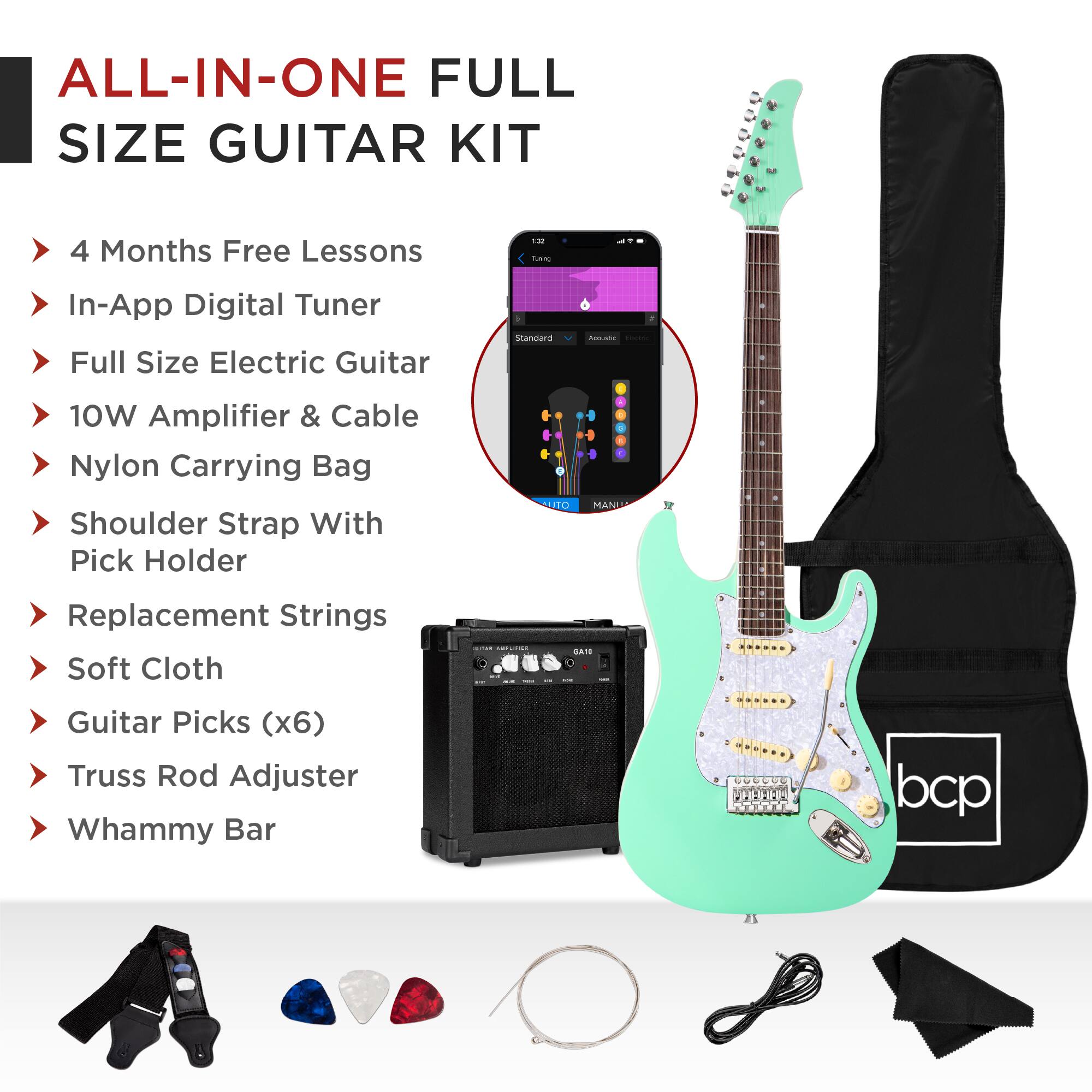 ALL-IN-ONE FULL SIZE GUITAR KIT

- 4 Months Free Lessons
- In-App Digital Tuner
- Full Size Electric Guitar
- 10W Amplifier & Cable
- Nylon Carrying Bag
- Shoulder Strap With Pick Holder
- Replacement Strings
- Soft Cloth
- Guitar Picks (x6)
- Truss Rod Adjuster
- Whammy Bar