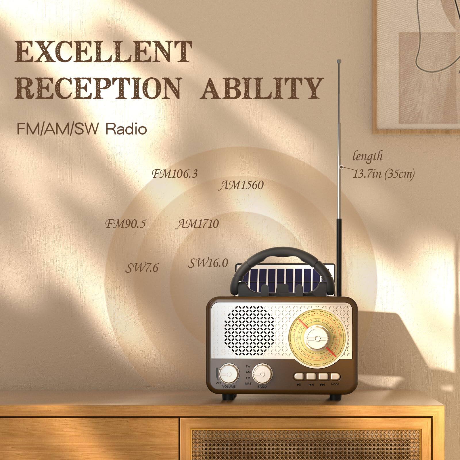 EXCELLENT RECEPTION ABILITY  
FM/AM/SW Radio  

FM106.3 AM1560  
FM90.5 AM1710  
SW7.6 SW16.0  

length 13.7in (35cm)