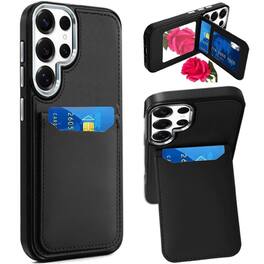 Kitcheniva - PU Leather Card Holder Mirror Stand Phone Case With Tempered Glass For Samsung Galaxy S26 Ultra - Black