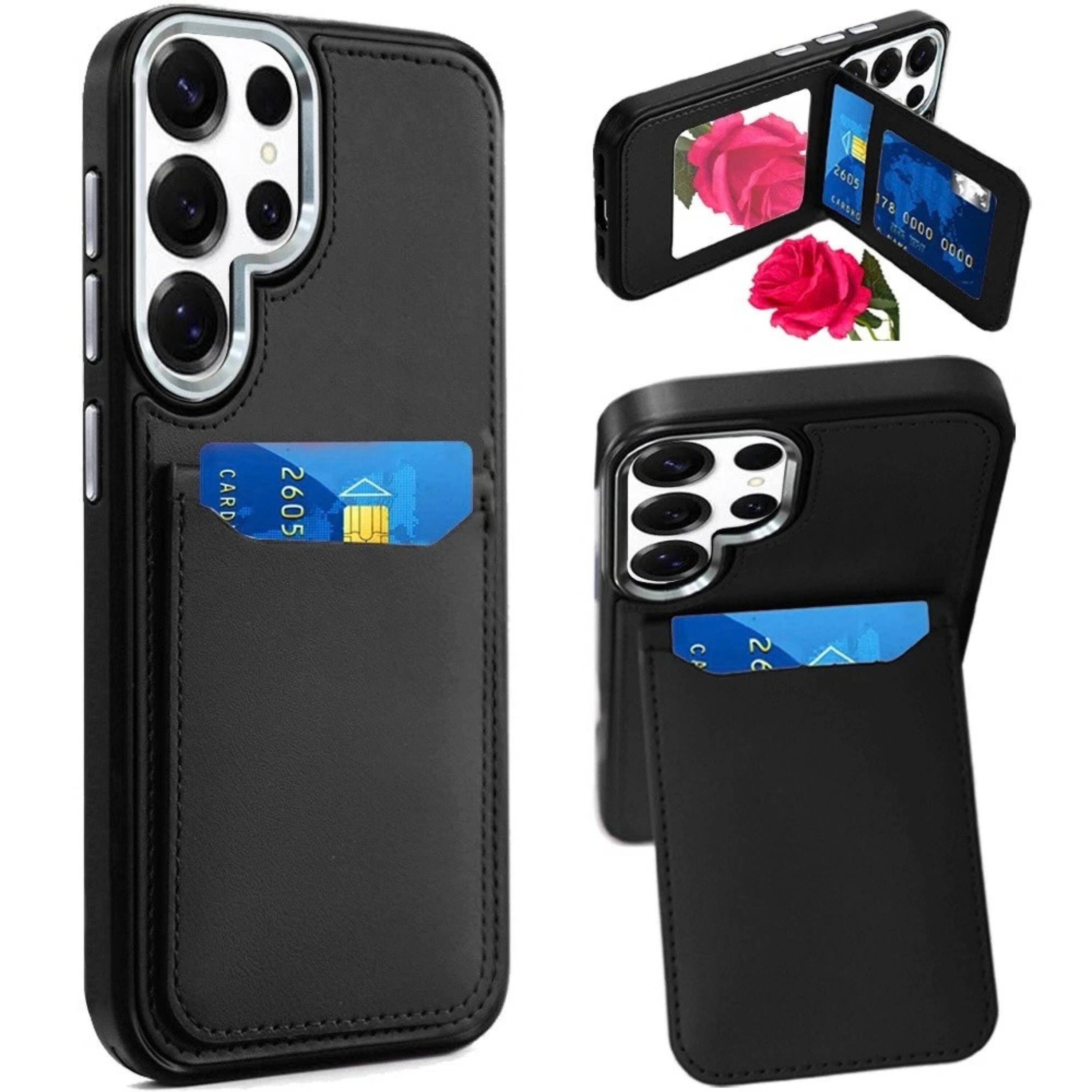 Kitcheniva - PU Leather Card Holder Mirror Stand Phone Case With Tempered Glass For Samsung Galaxy S26 Ultra - Black