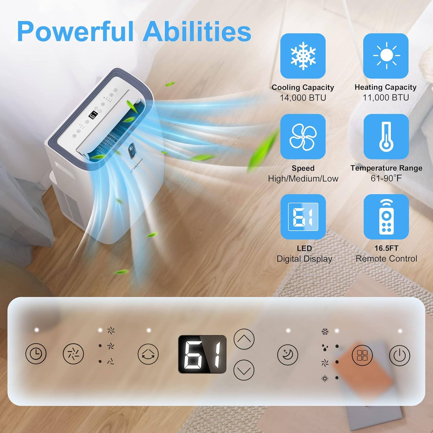 Powerful Abilities

- Cooling Capacity: 14,000 BTU
- Heating Capacity: 11,000 BTU
- Speed: High/Medium/Low
- Temperature Range: 61-90°F
- LED Digital Display
- Remote Control: 16.5FT