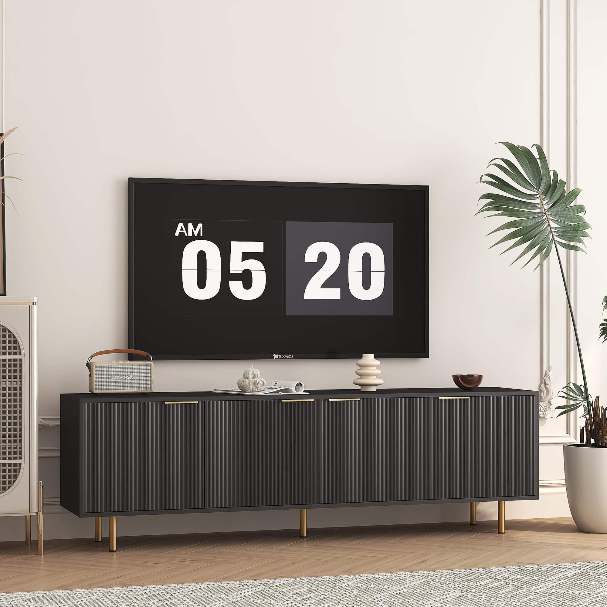 Z-Edge - Fluted TV Stand for Tvs up to 65", TV Stand with 4 Storage Doors, Entertainment Center TV Media Console for Living Room - Black
