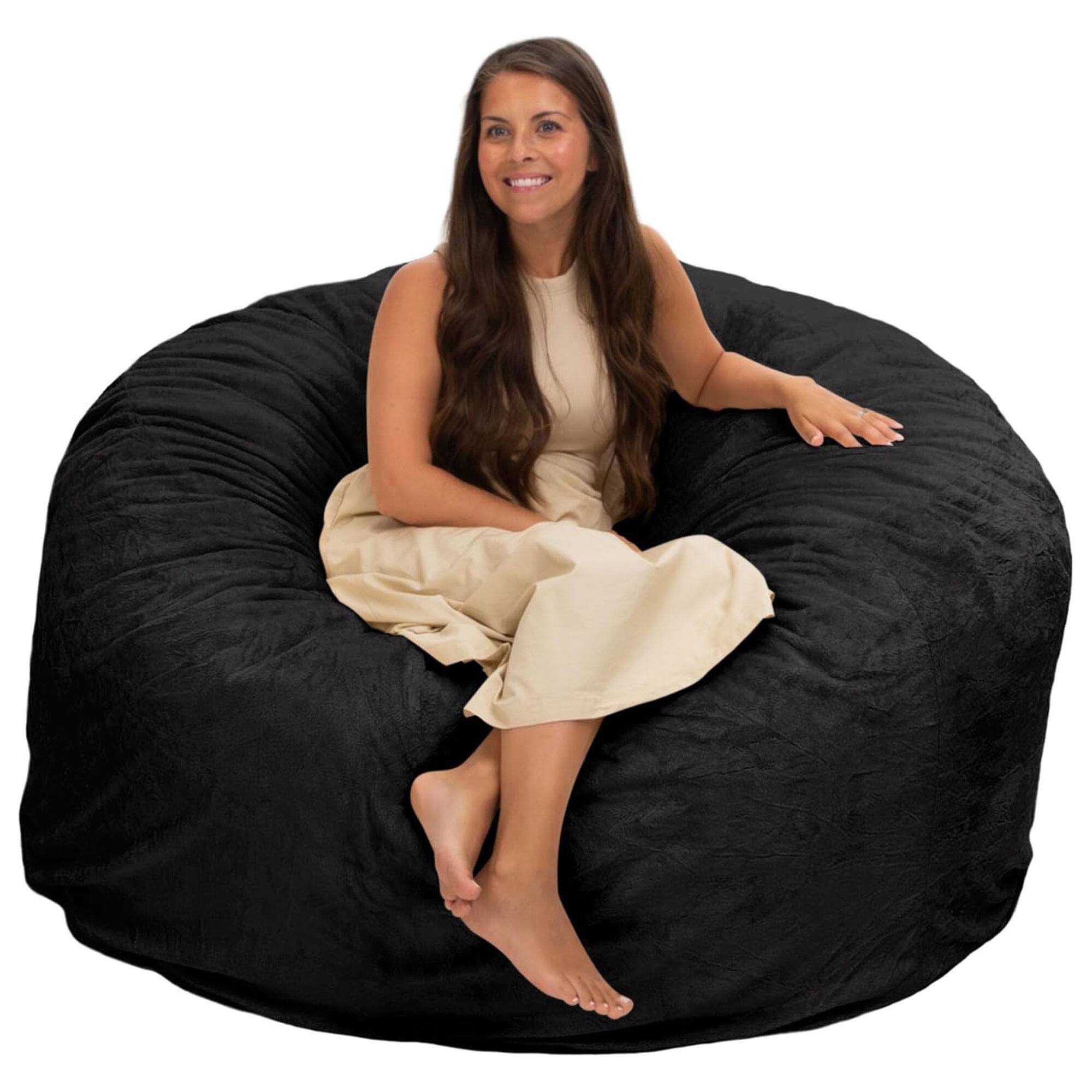Front. Ultimate Sack - Ultimate Sack 5ft Bean Bag Chair, Oversized Indoor Comfy Lounger, Black Fur - Black.