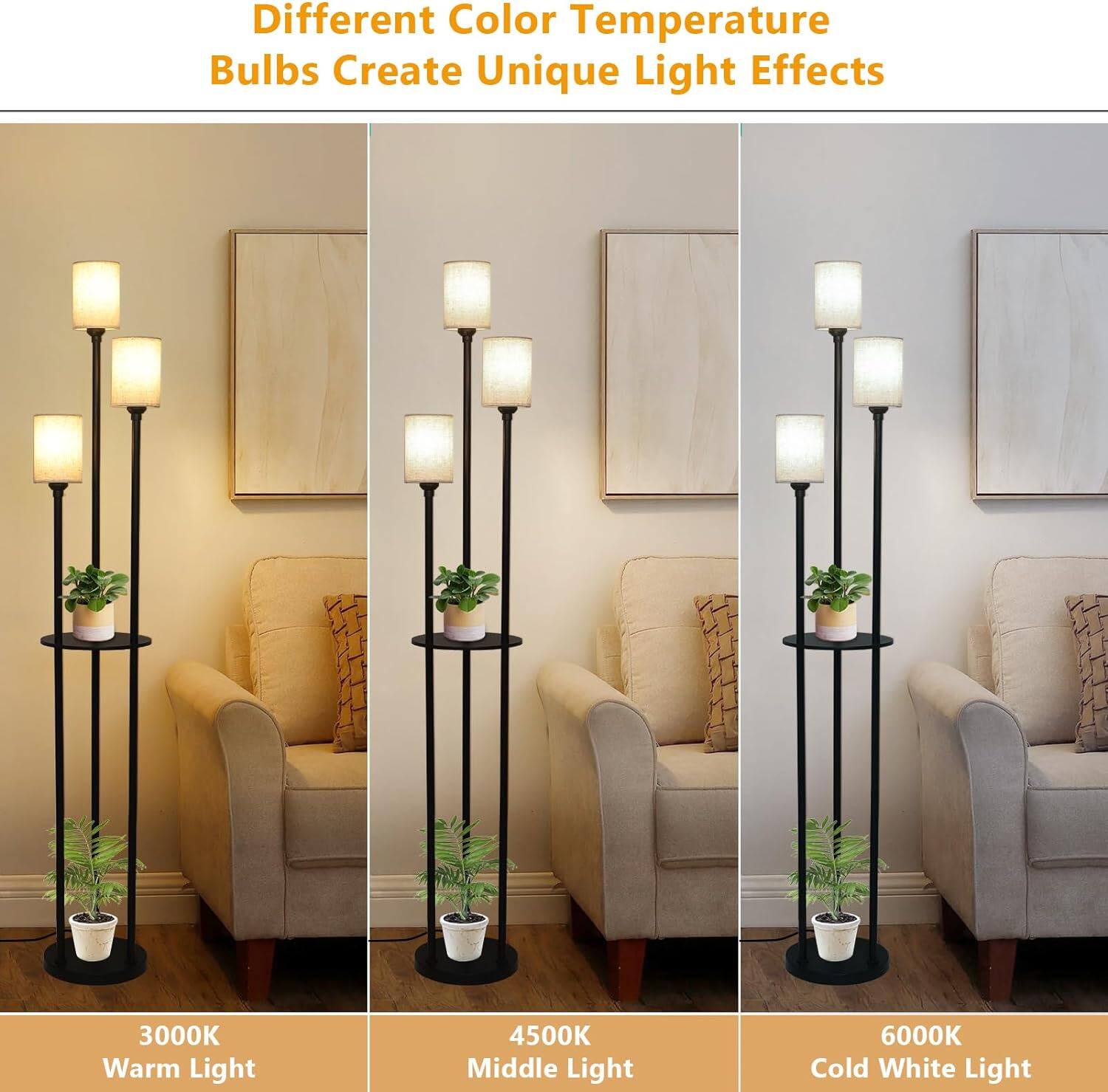 Different Color Temperature Bulbs Create Unique Light Effects

3000K Warm Light

4500K Middle Light

6000K Cold White Light
