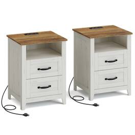 Songmics Home - Farmhouse Nightstands with Charging Station, Set of 2 Bedside Tables, Side Tables with 2 Drawers, Open Compartment - Rustic White and Honey Brown