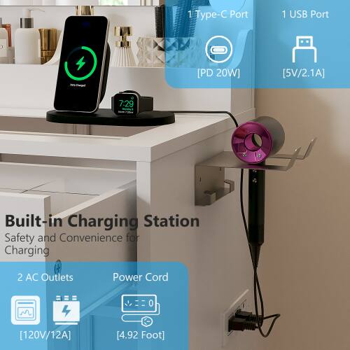 1 Type-C Port  
1 USB Port  
P% Charged [PD 20W] [5V/2.1A]  
7:29  
Built-in Charging Station  
Safety and Convenience for Charging  
2 AC Outlets  
Power Cord  
[120V/12A]  
[4.92 Foot]