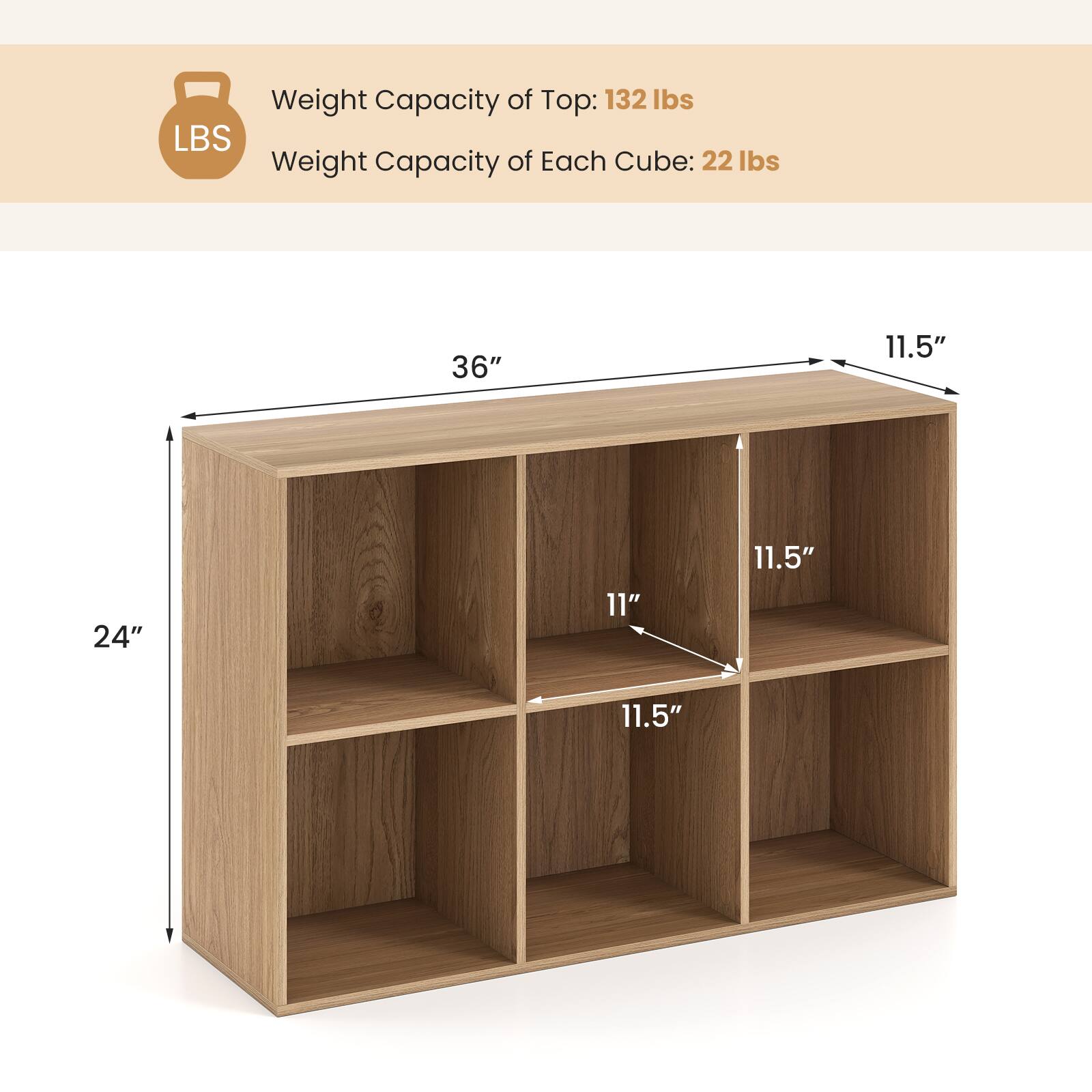 Weight Capacity of Top: 132 lbs  
Weight Capacity of Each Cube: 22 lbs  

36"  
11.5"  
24"  
11"  
11.5"  
11.5"