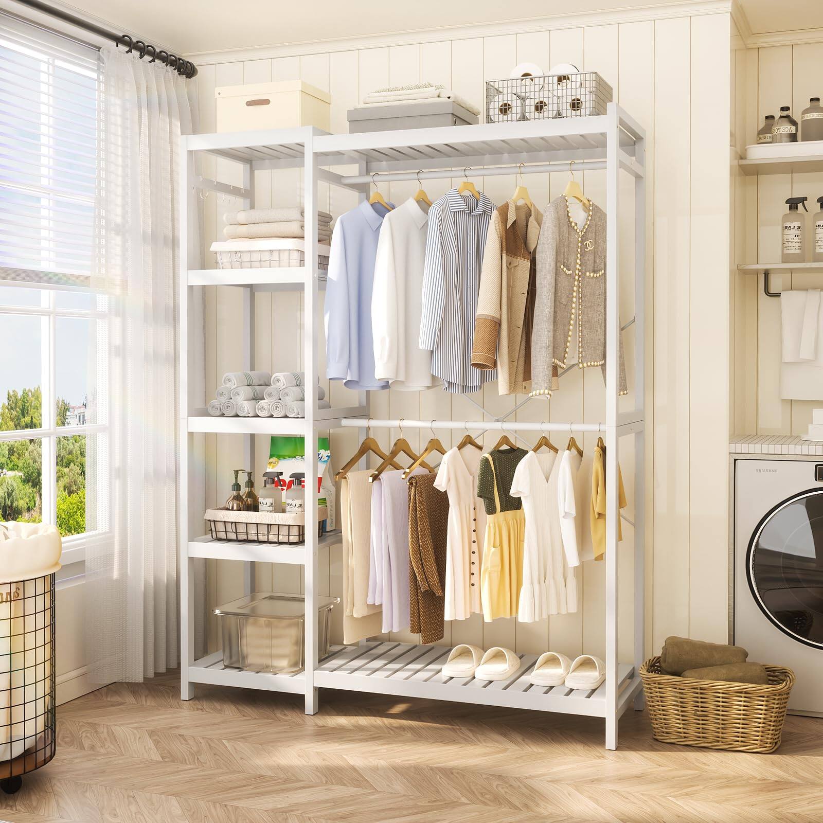 Left. Aheaplus - 2-Piece Bamboo Closet System, Freestanding Garment Rack with Adjustable Shelves & Hooks - White.