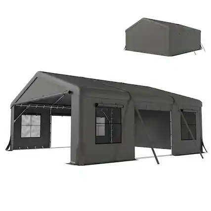 Front. Outsunny - x 20' Heavy Duty Carport, Portable Garage Car Canopy Tent Shelter with 3 Roll-up Doors, 4 Windows.