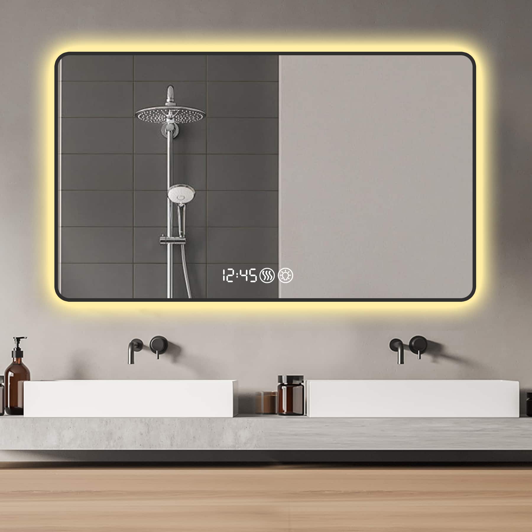 Boyel Living - 48 by 32 Inch Black Frame Wall Mirror with Rounded Corners Temperature Display Tri Color Light and Defogging price history on PriceWatchPro