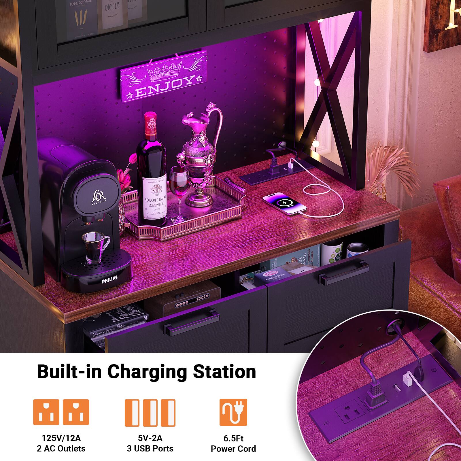 Built-in Charging Station  
125V/12A  
2 AC Outlets  
5V-2A  
3 USB Ports  
6.5Ft Power Cord