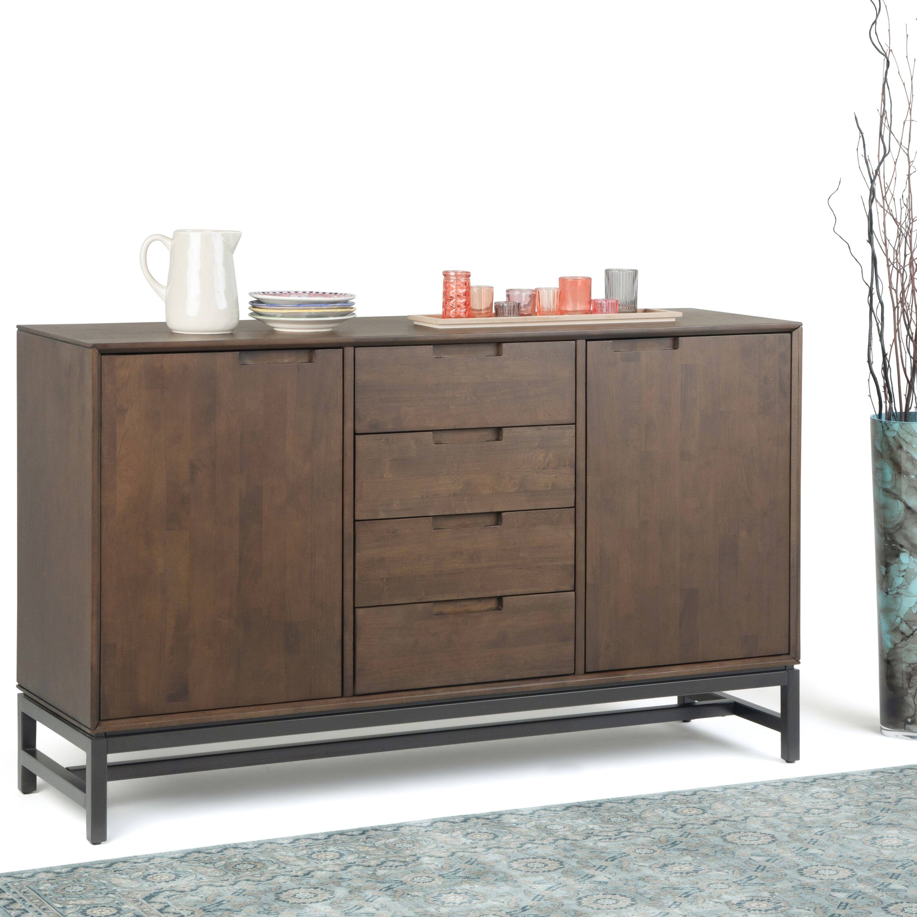 Angle. Simpli Home - Simpli Home Banting 60 inch Wide Solid Wood Mid Century Sideboard with Centre Drawers in Walnut Brown - Walnut Brown.
