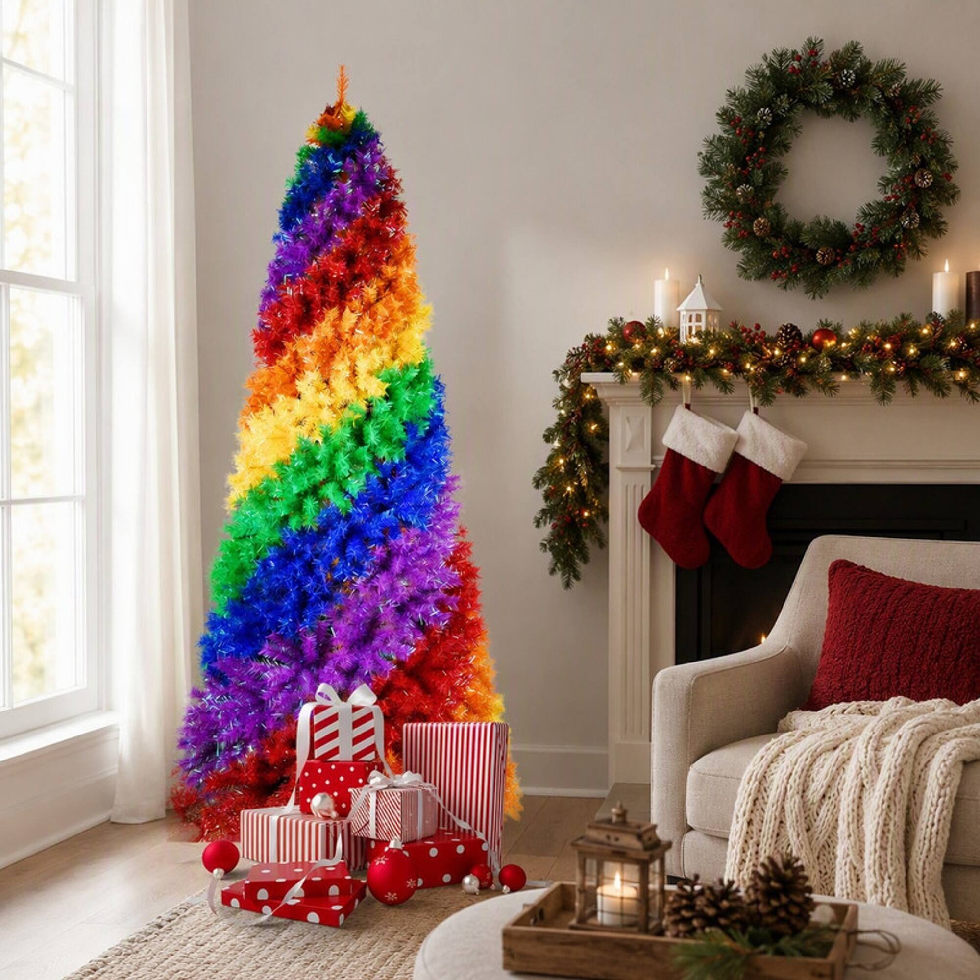 Angle. RYHNUYNE - 6Ft Rainbow Spiral Christmas Tree, 1248 Branch Tips Colorful PVC Unique Spiral Design Full Lush Shape Sturdy Metal Stand - Colorful.