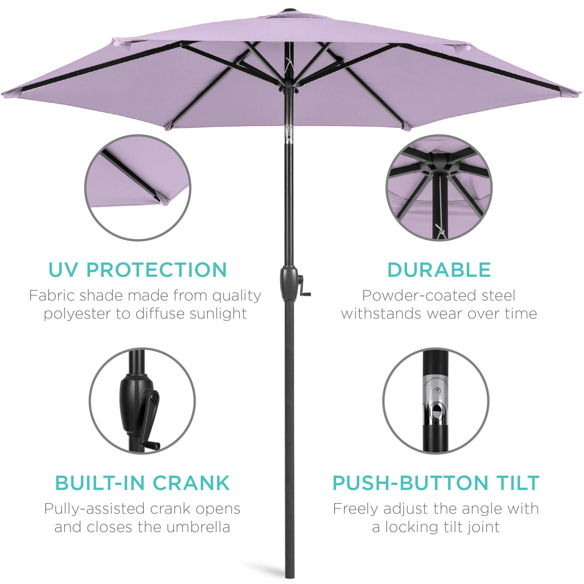 - **UV PROTECTION**  
  Fabric shade made from quality polyester to diffuse sunlight

- **DURABLE**  
  Powder-coated steel withstands wear over time

- **BUILT-IN CRANK**  
  Pulley-assisted crank opens and closes the umbrella

- **PUSH-BUTTON TILT**  
  Freely adjust the angle with a locking tilt joint