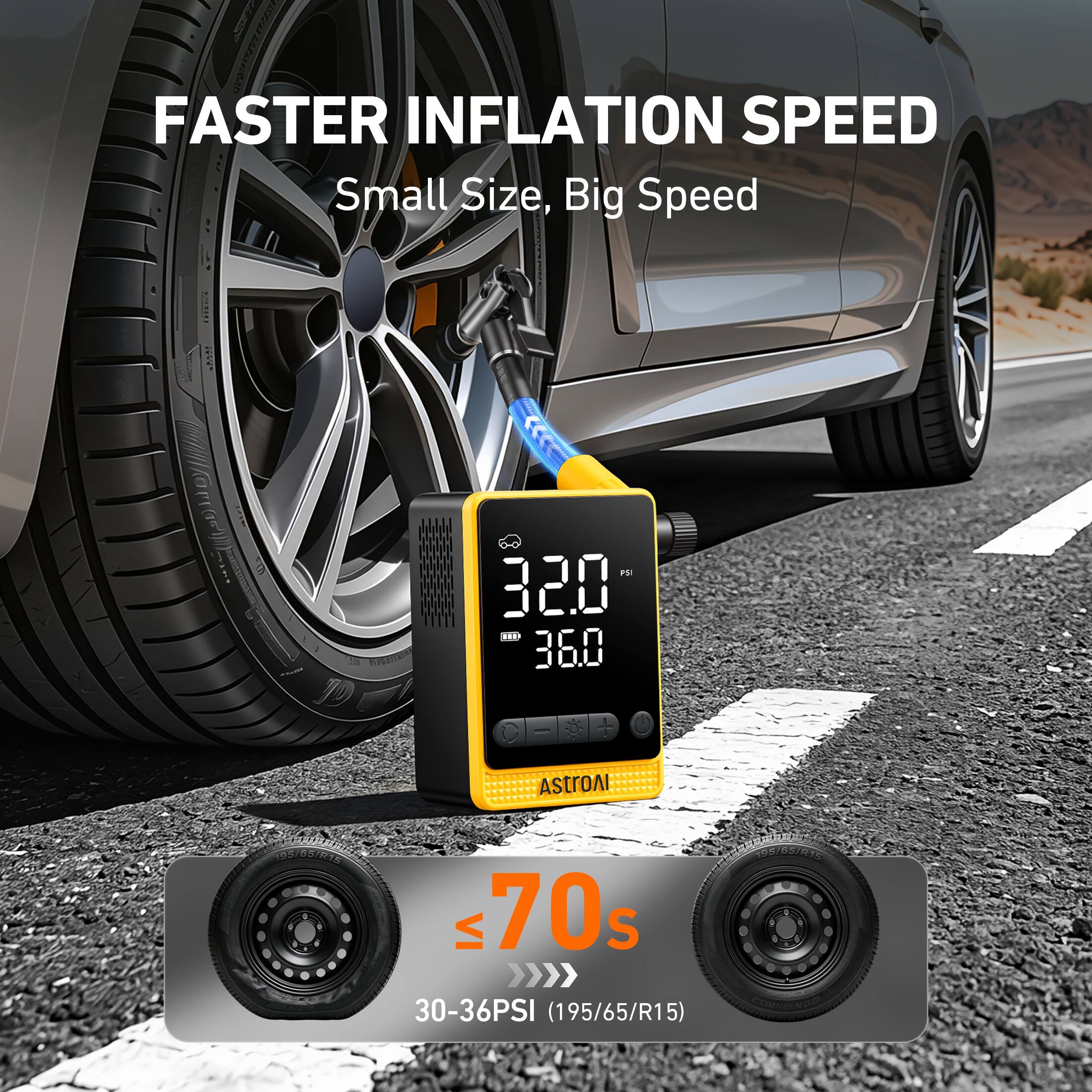 FASTER INFLATION SPEED  
Small Size, Big Speed  

PS 320 ... 360 - +  
AStroAl O8/63R8 VI 70s  
30-36PSI (195/65/R15)