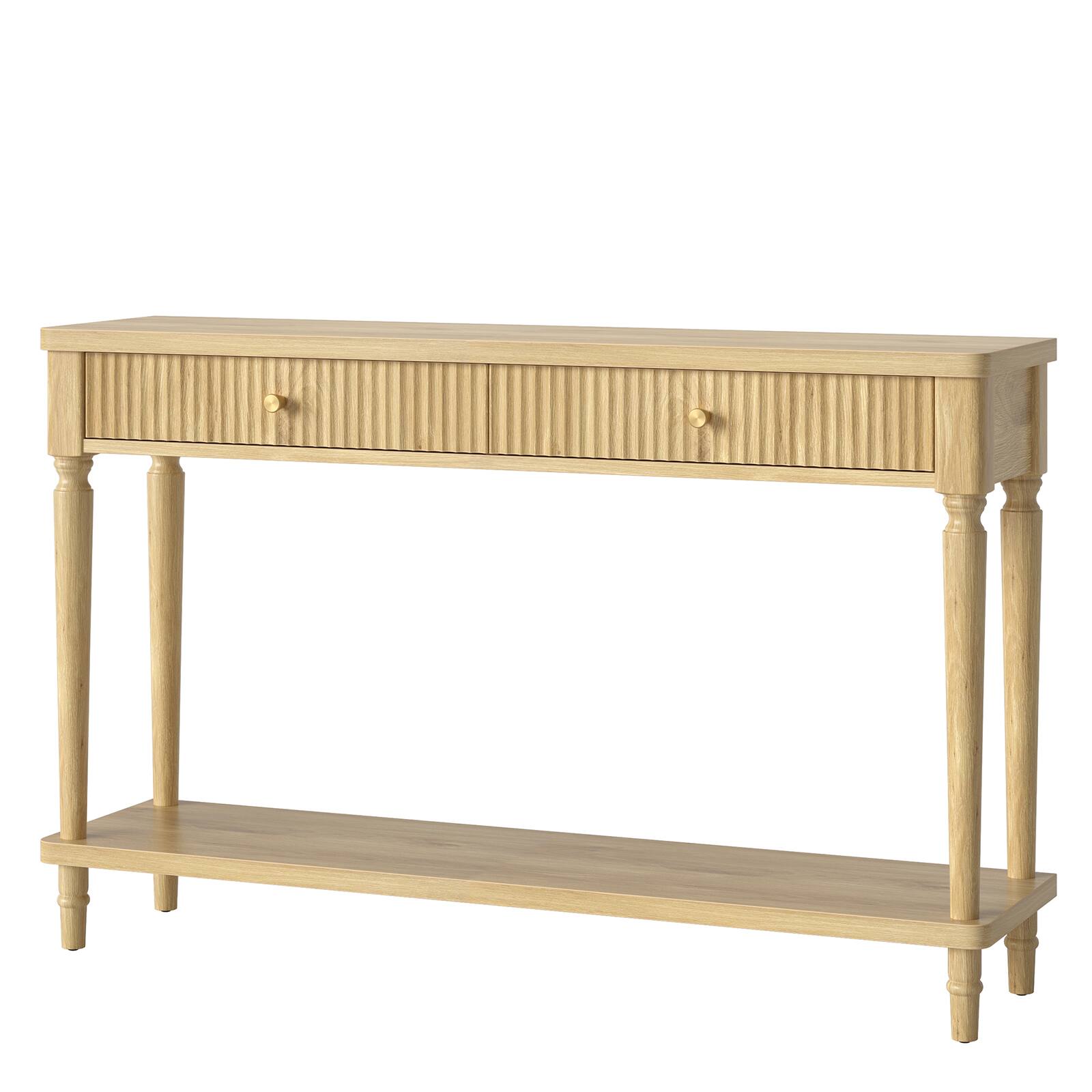 Alt View 5. Bestier - Console Table with Storage, Entryway Table with 2 Drawers, Wooden Legs Vertical Ribbed Hallway Table for Living Room - Natural Oak.