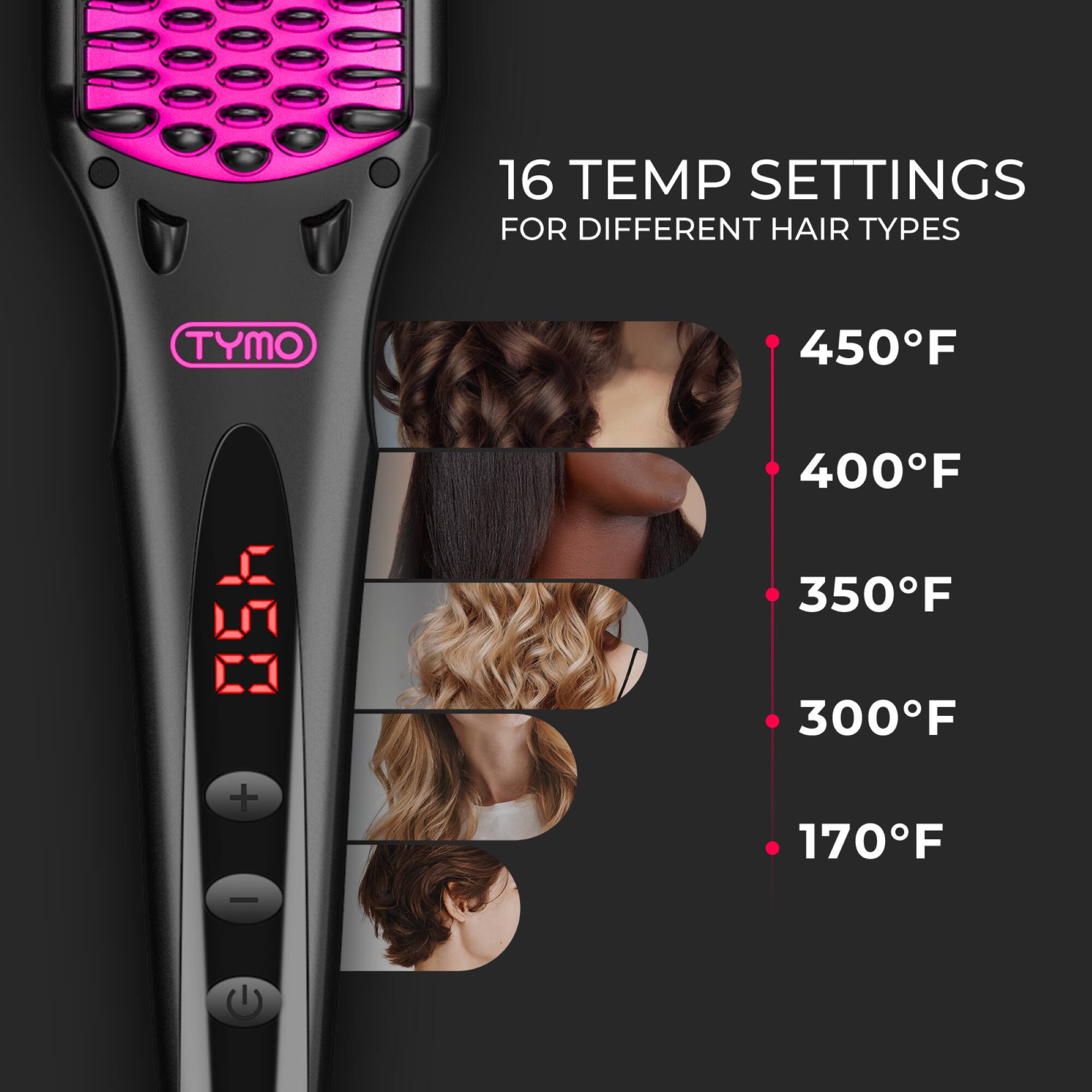 16 TEMP SETTINGS FOR DIFFERENT HAIR TYPES

450°F  
400°F  
350°F  
300°F  
170°F