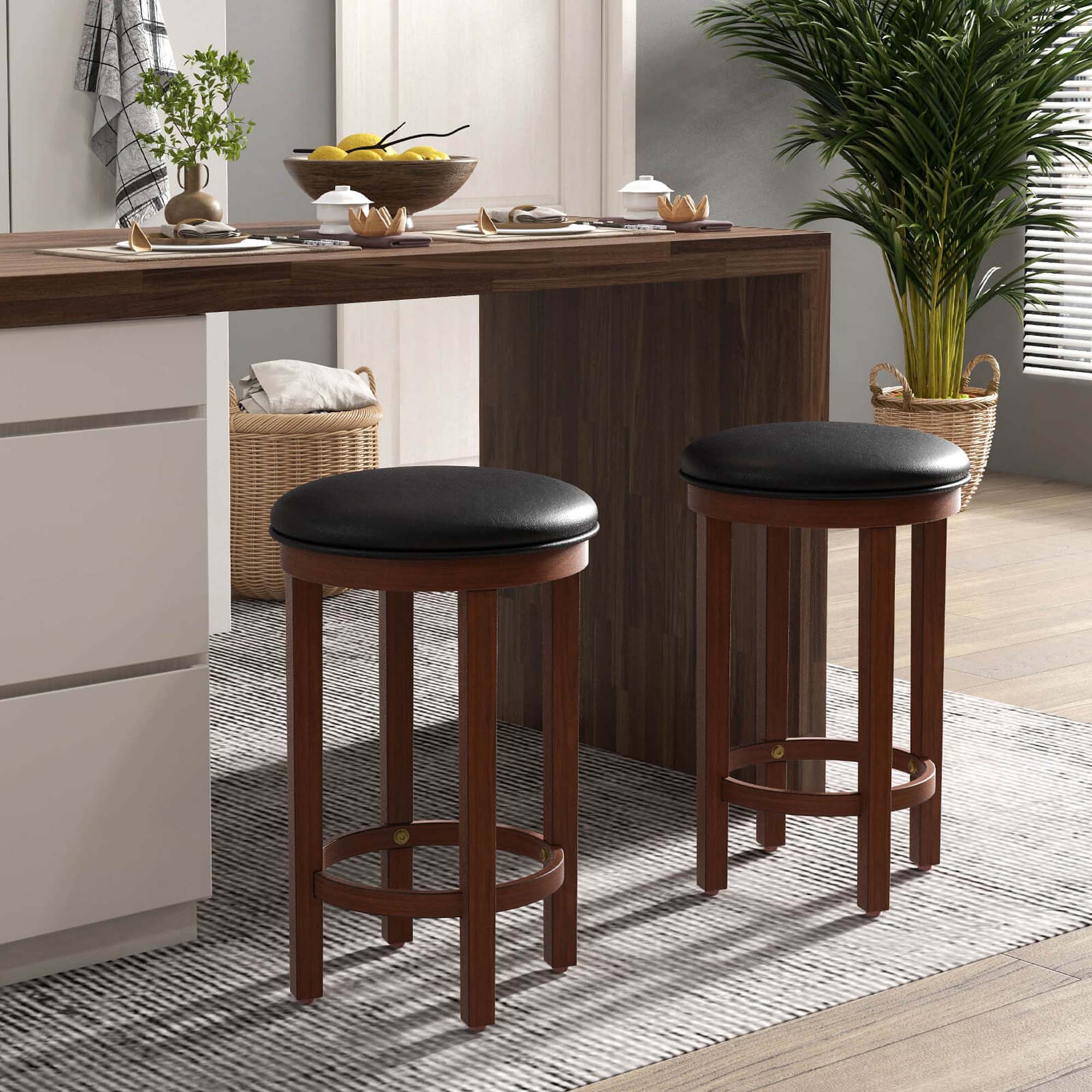 Alt View 4. Costway - Bar Stools Set of 2 Counter Height Stools with Round Seat & Footrest for Kitchen - Black.