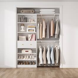 Aheaplus - Reversible 5FT Wood Closet Organizer System with Drawer, 2 Hanging Rods, and Adjustable Shelf, Wall Mounted - White
