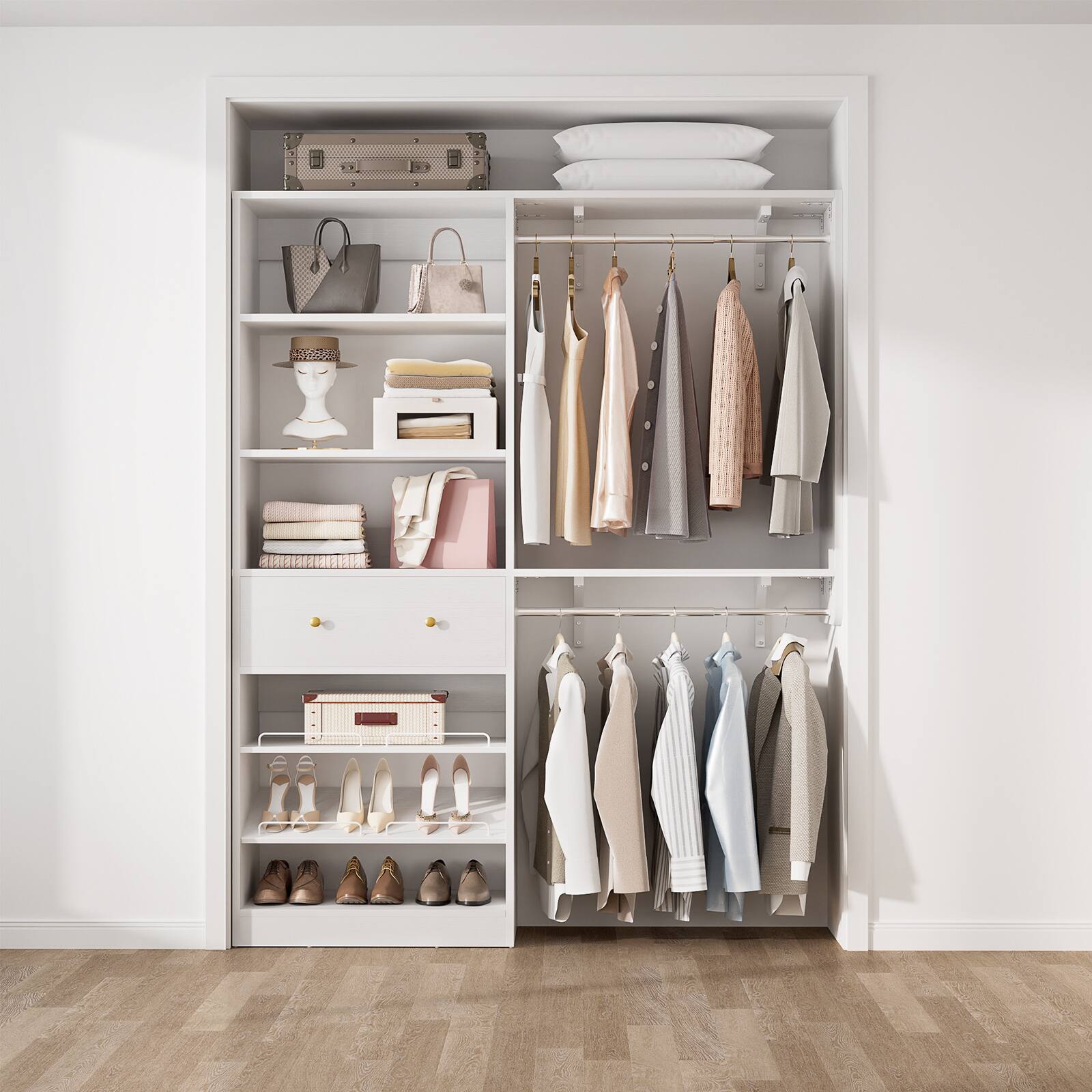 Front. Aheaplus - Reversible 5FT Wood Closet Organizer System with Drawer, 2 Hanging Rods, and Adjustable Shelf, Wall Mounted - White.