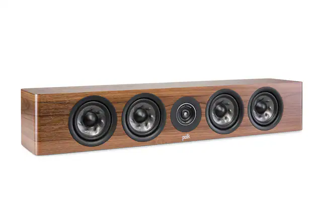 The image features a wooden speaker system with a total of six speakers. The speakers are arranged in a row, with three speakers on the left side and three on the right side. The speakers are placed on a wooden base, which is positioned on a white background. The speakers are designed to provide an immersive audio experience for users.