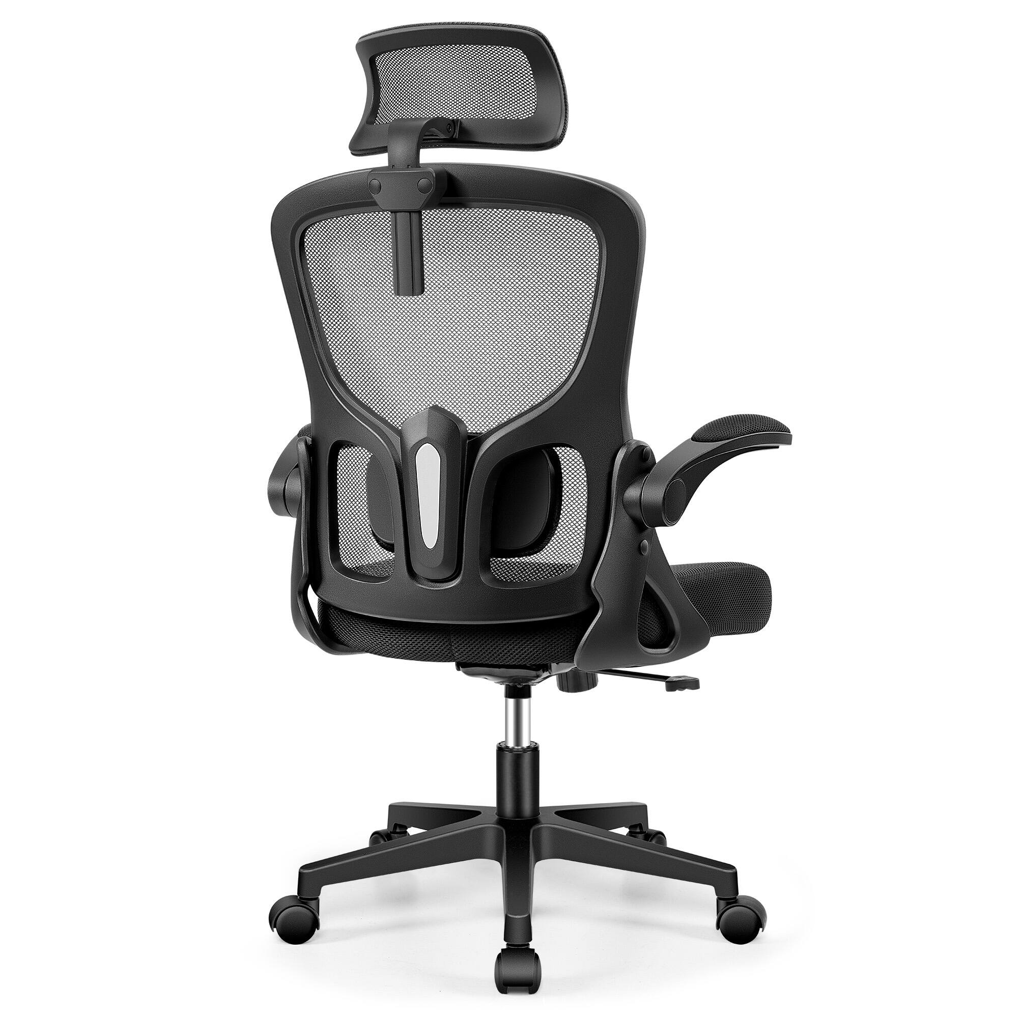 Back. Brick Attic - Ergonomic  Mesh Home Office Chair with Adjustable Headrest, Lumbar Support and Flip Up Armrests,  360 Swivel Casters - Black.