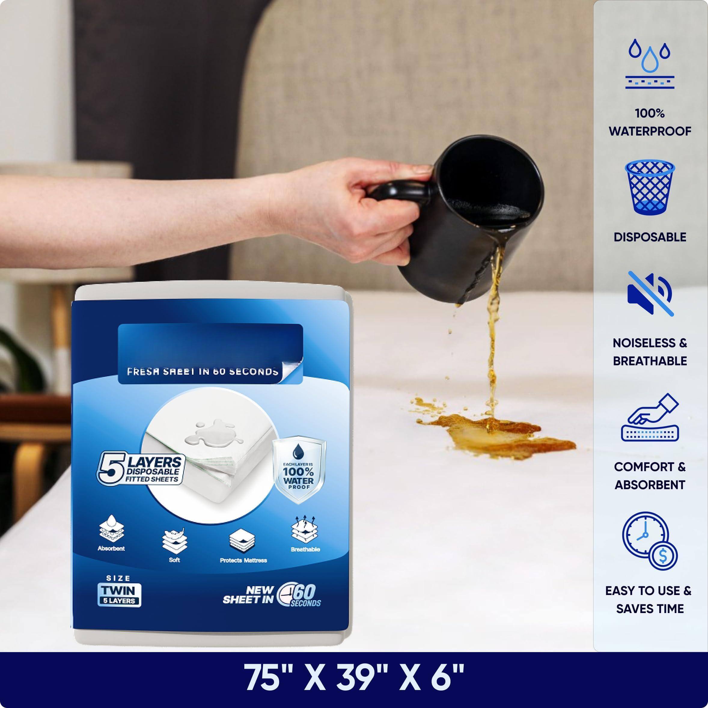 100% WATERPROOF DISPOSABLE FRESA SHEET IN 60 SECONDS NOISELESS & BREATHABLE LAYERS 5 PITTID DISPOSABLE SMEETS COO 100% WATERPROOF COMFORT & ABSORBENT ABORTIENT SIZE TWIN SLAYERS Surt Breethaco Protects Mattress NEW 60 SHEET IN SECONDS $ EASY TO USE & SAVES TIME 75" X 39" X 6"