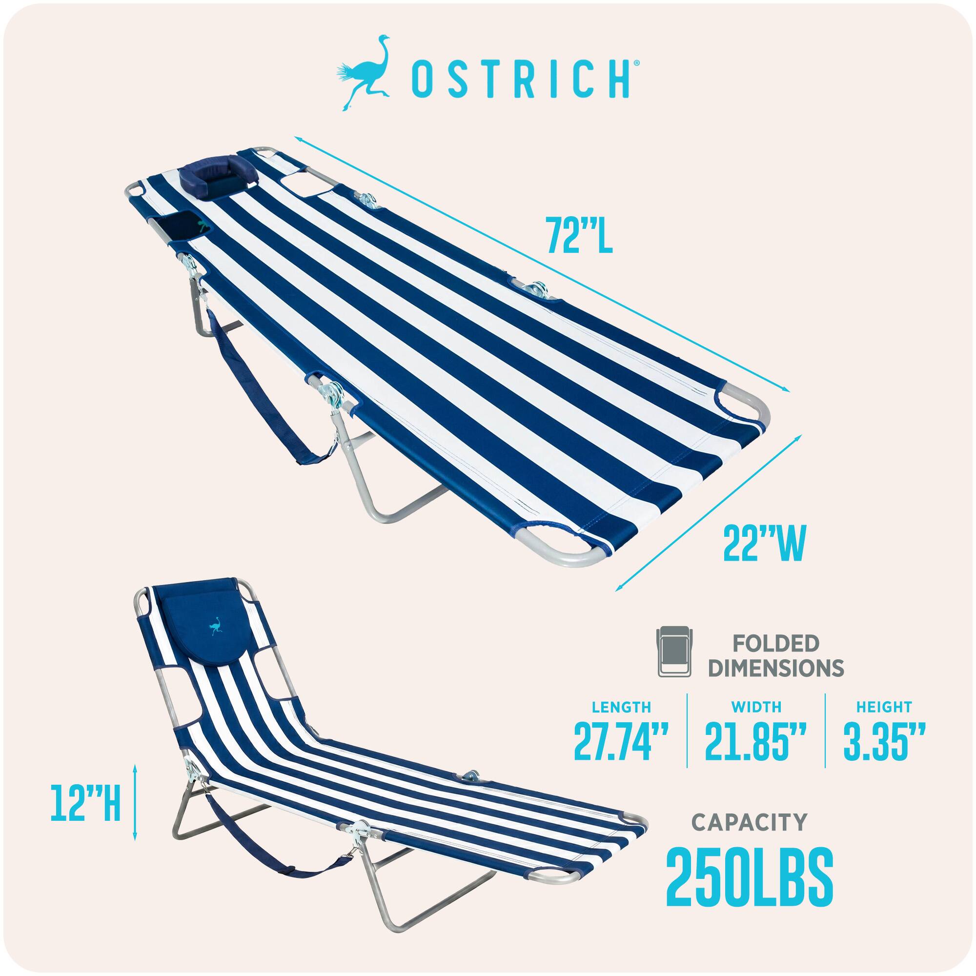 OSTRICH  
72"L 22"W  
FOLDED DIMENSIONS  
12"H  
LENGTH 27.74"  
WIDTH 21.85"  
HEIGHT 3.35"  
CAPACITY 250LBS