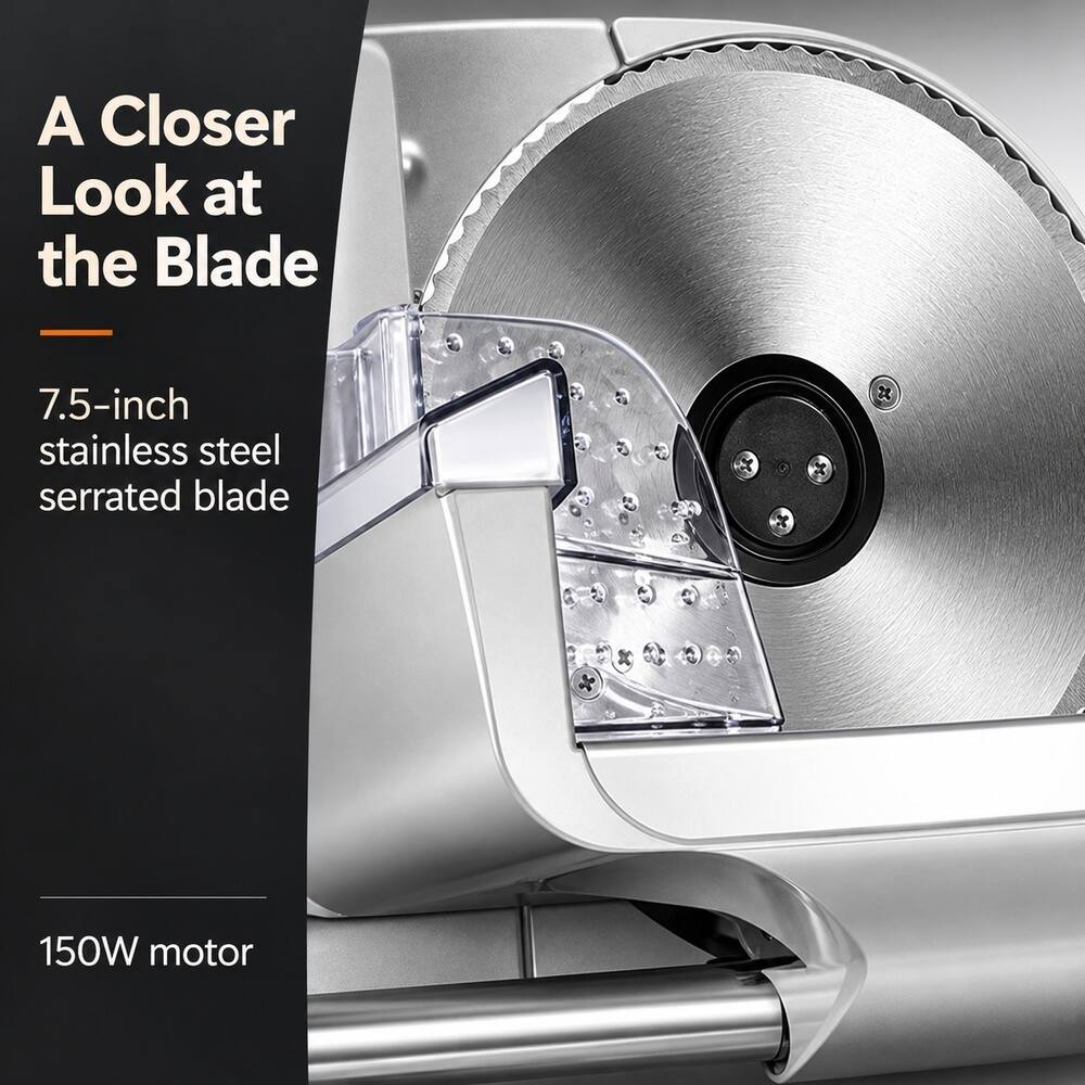 A Closer Look at the Blade

7.5-inch stainless steel serrated blade

150W motor