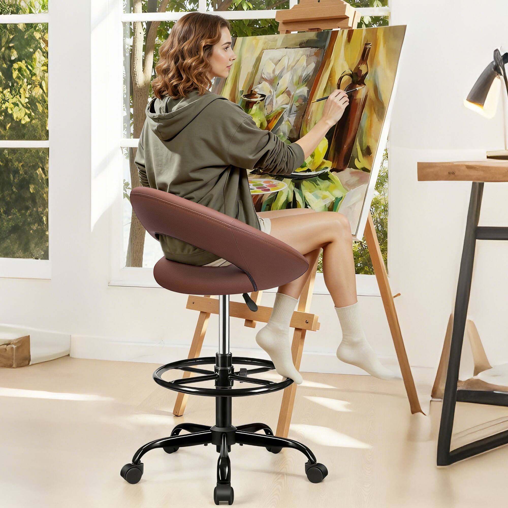 Alt View 2. KERDOM - Tall Office Drafting Chair, Bar Stool with Footrest, Shop Rolling Swivel Chair for Standing Desk Kitchen Counter Studio - Brown.
