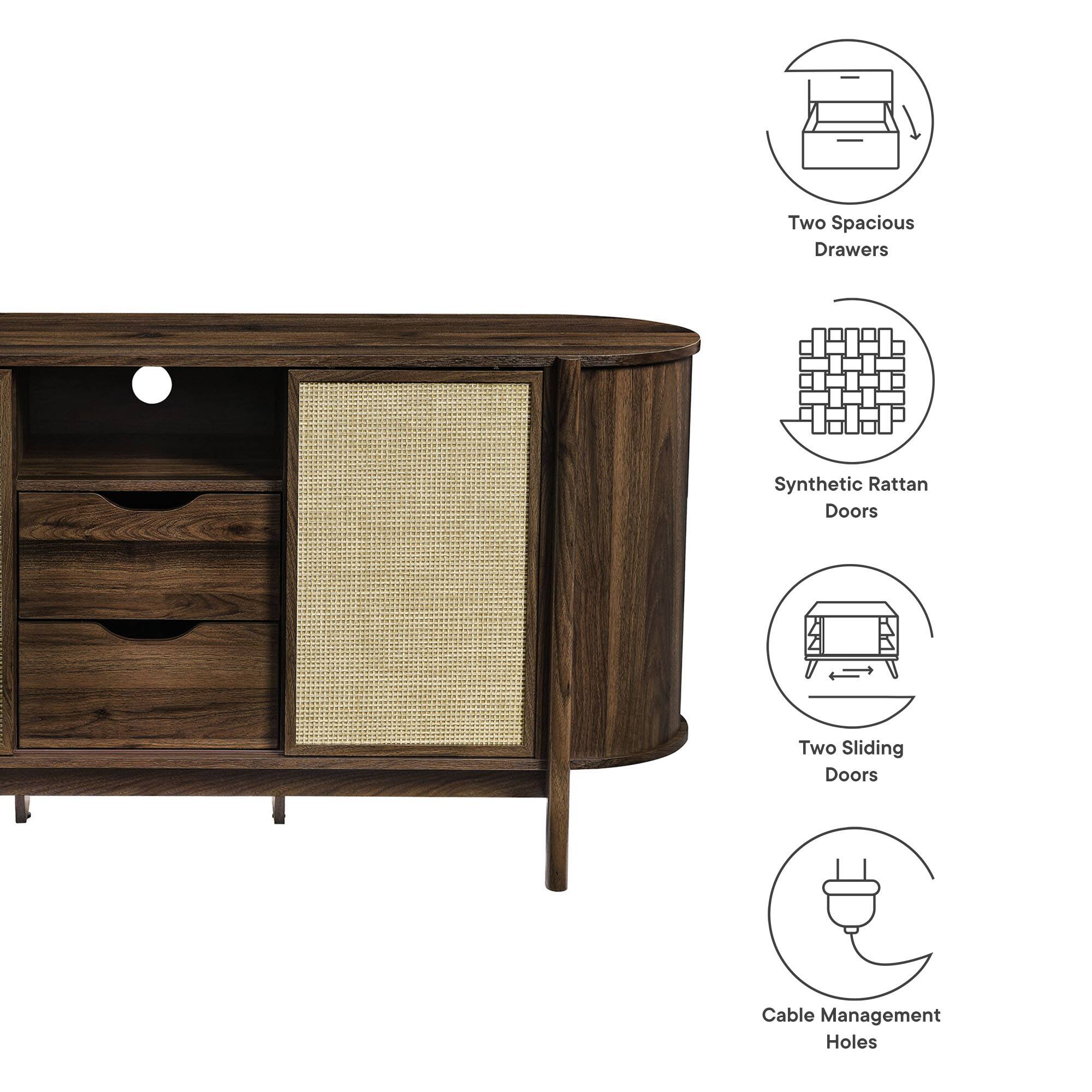 Two Spacious Drawers  
Synthetic Rattan Doors  
Two Sliding Doors  
Cable Management Holes